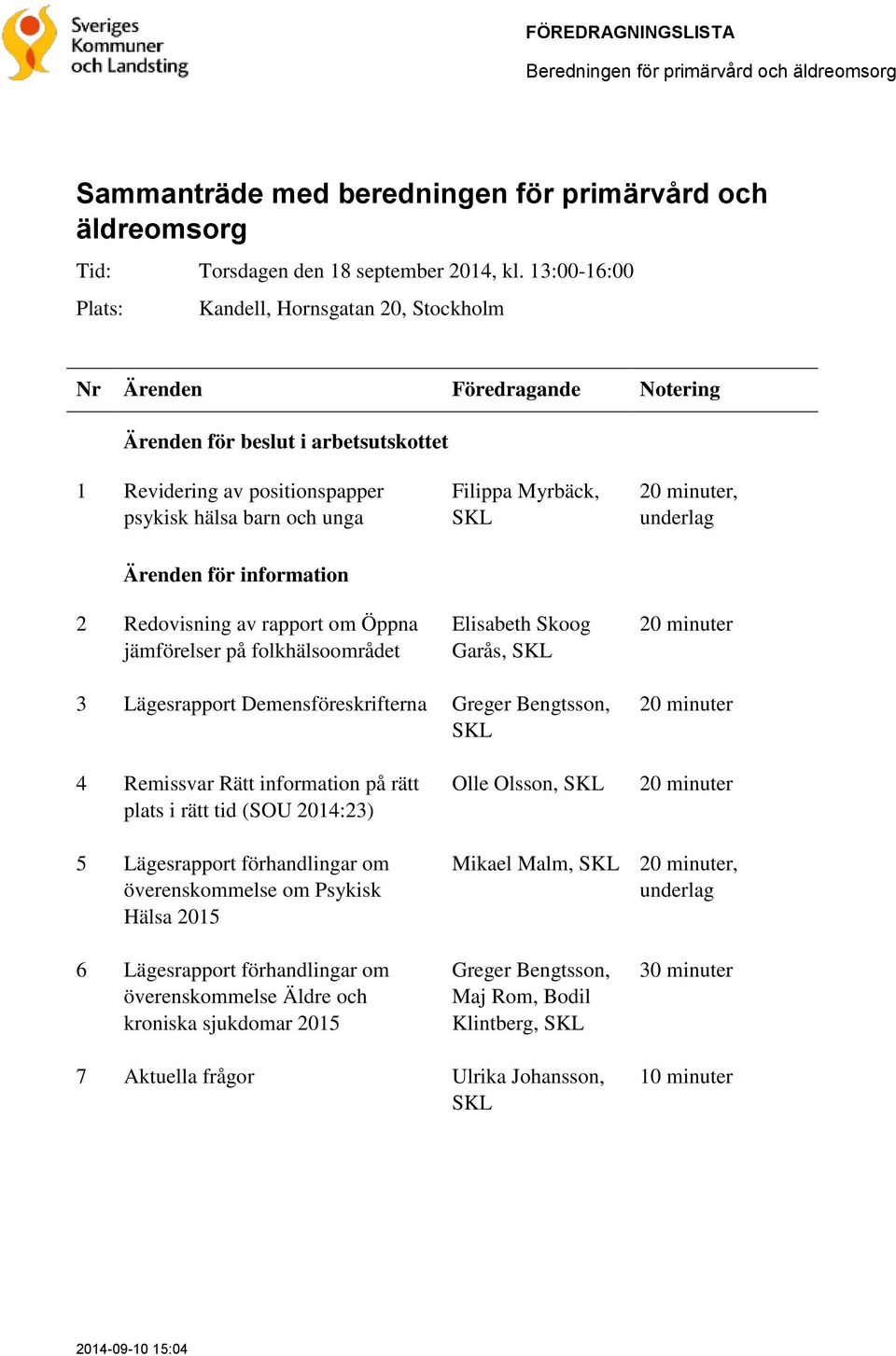 för information 2 Redovisning av rapport om Öppna jämförelser på folkhälsoområdet Elisabeth Skoog Garås, SKL 20 minuter 3 Lägesrapport Demensföreskrifterna Greger Bengtsson, SKL 20 minuter 4