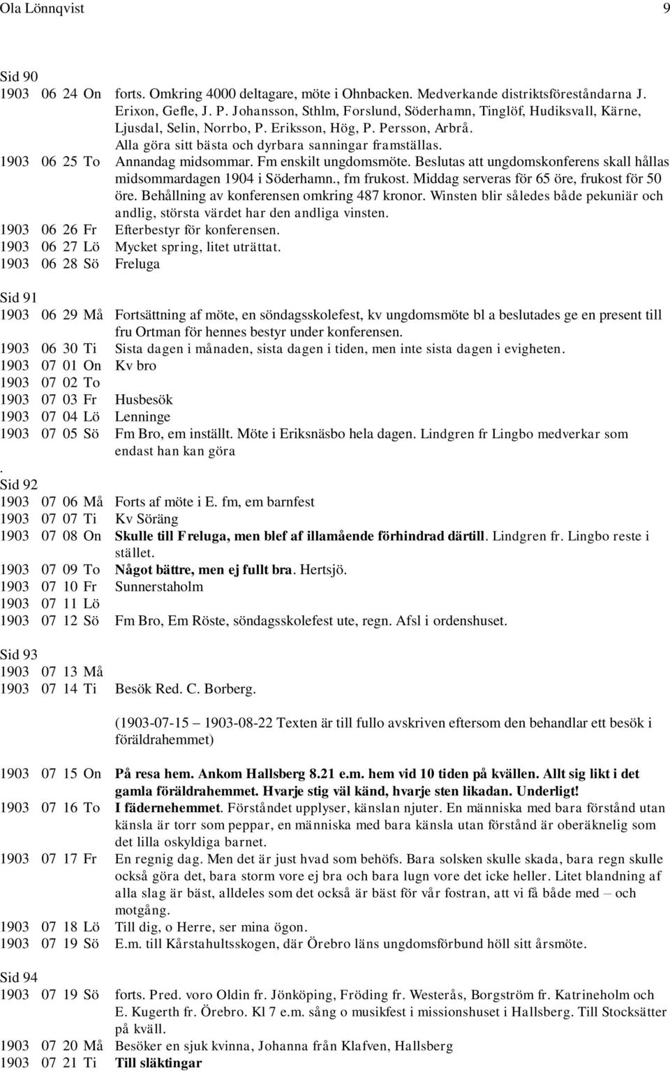 1903 06 25 To Annandag midsommar. Fm enskilt ungdomsmöte. Beslutas att ungdomskonferens skall hållas midsommardagen 1904 i Söderhamn., fm frukost. Middag serveras för 65 öre, frukost för 50 öre.