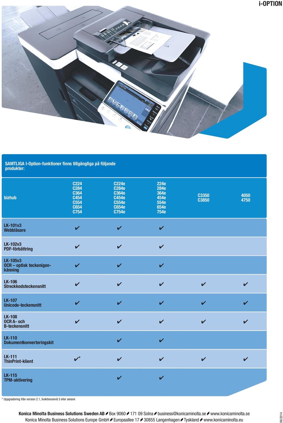 OCR A- och B-teckensnitt 4 4 4 4 4 LK-110 Dokumentkonverteringskit 4 4 LK-111 ThinPrint-klient 4* 4 4 4 4 LK-115 TPM-aktivering 4 4 * Uppgradering från version 2.