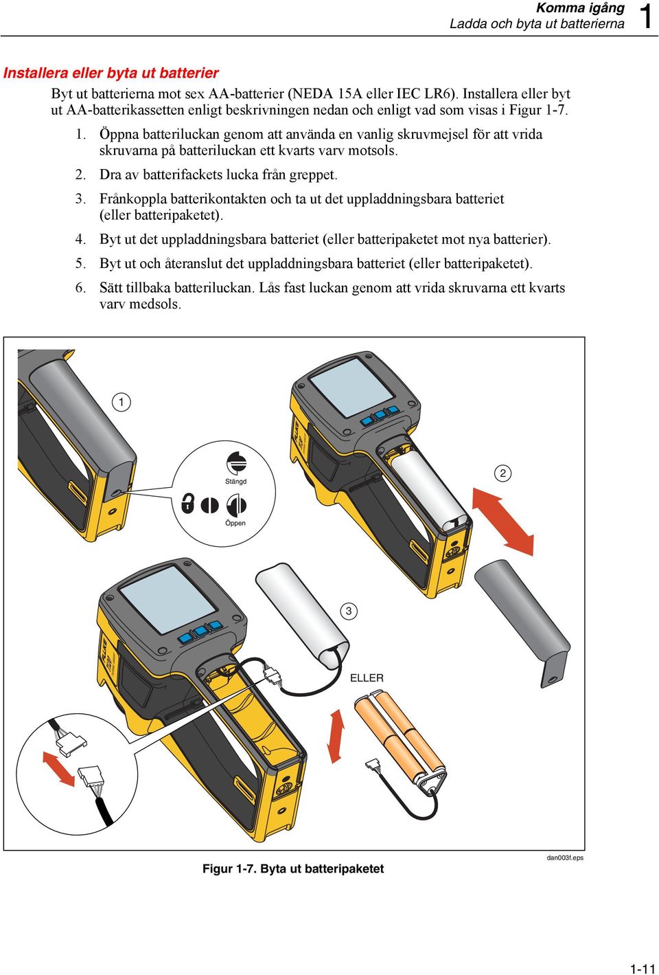 7. 1. Öppna batteriluckan genom att använda en vanlig skruvmejsel för att vrida skruvarna på batteriluckan ett kvarts varv motsols. 2. Dra av batterifackets lucka från greppet. 3.