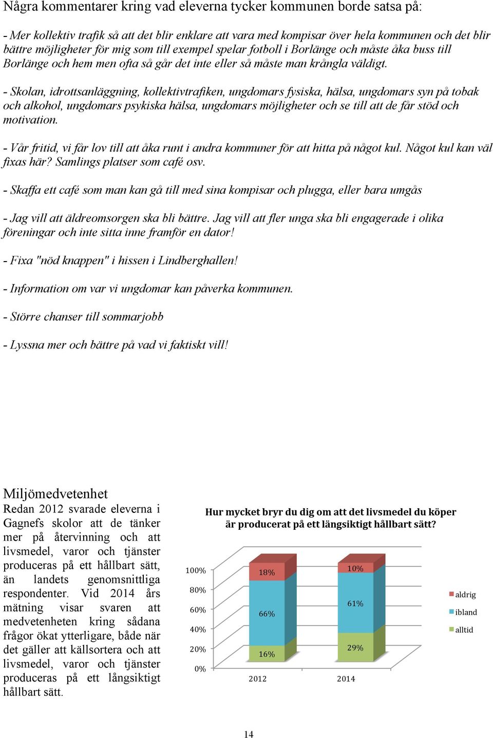 - Skolan, idrottsanläggning, kollektivtrafiken, ungdomars fysiska, hälsa, ungdomars syn på tobak och alkohol, ungdomars psykiska hälsa, ungdomars möjligheter och se till att de får stöd och