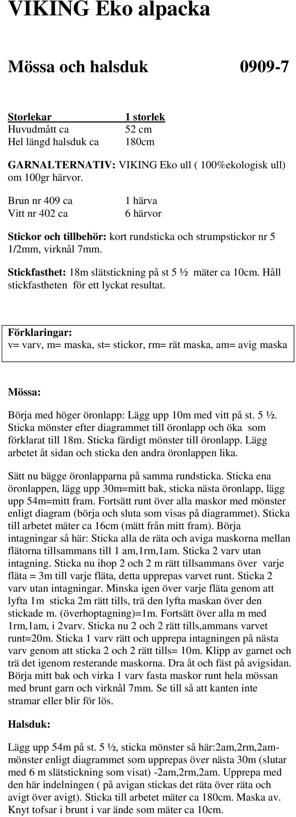 Håll stickfastheten för ett lyckat resultat. v= varv, m= maska, st= stickor, rm= rät maska, am= avig maska Mössa: Börja med höger öronlapp: Lägg upp 10m med vitt på st. 5 ½.