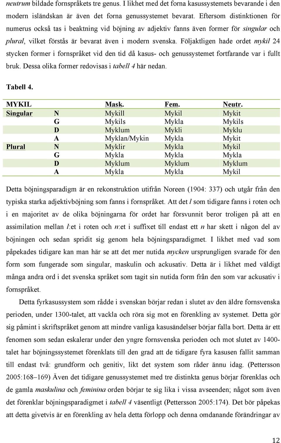 Följaktligen hade ordet mykil 24 stycken former i fornspråket vid den tid då kasus- och genussystemet fortfarande var i fullt bruk. Dessa olika former redovisas i tabell 4 här nedan. Tabell 4.