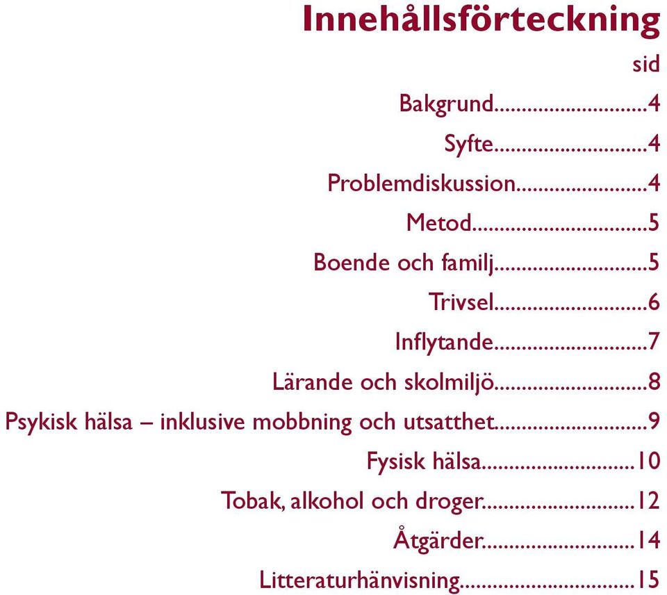 ..8 Psykisk hälsa inklusive mobbning och utsatthet...9 Fysisk hälsa.