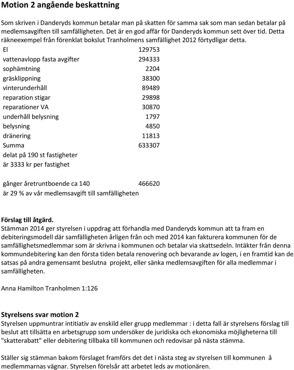 El 129753 vattenavlopp fasta avgifter 294333 sophämtning 2204 gräsklippning 38300 vinterunderhåll 89489 reparation stigar 29898 reparationer VA 30870 underhåll belysning 1797 belysning 4850 dränering