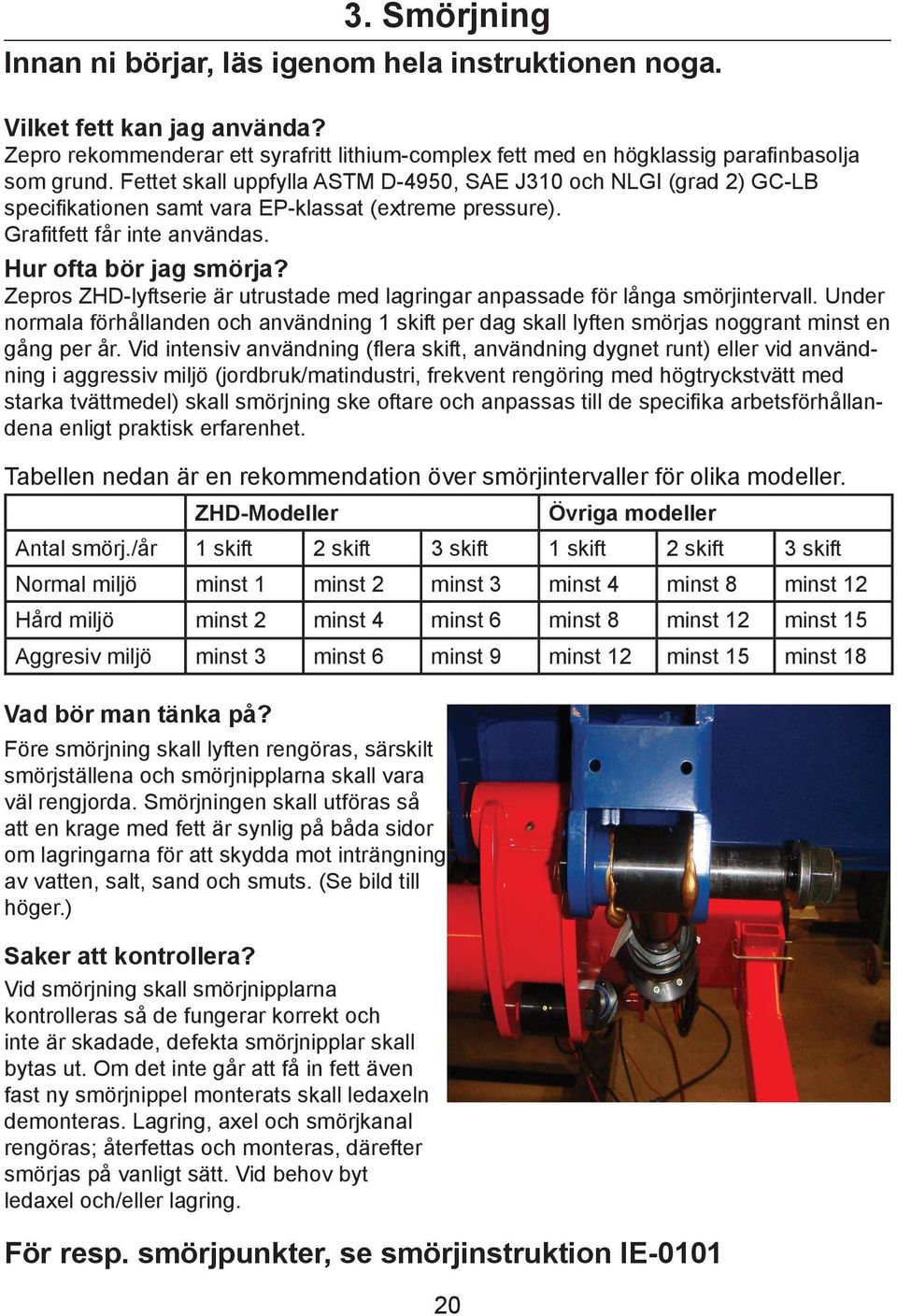 Zepros ZHD-lyftserie är utrustade med lagringar anpassade för långa smörjintervall. Under normala förhållanden och användning 1 skift per dag skall lyften smörjas noggrant minst en gång per år.