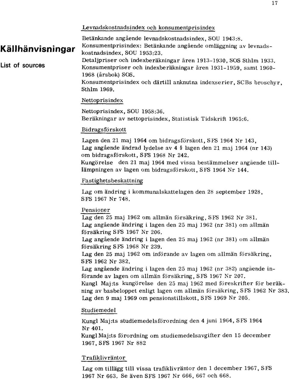 Konsumentpriser och indexberäkningar åren 1931-1959, samt 1960-1968 (årsbok) SOS. Konsumentprisindex och därtill anknutna indexserier, SCBs broschyr, Sthlm 1969.