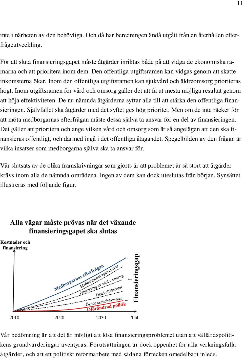 Inom den offentliga utgiftsramen kan sjukvård och äldreomsorg prioriteras högt. Inom utgiftsramen för vård och omsorg gäller det att få ut mesta möjliga resultat genom att höja effektiviteten.