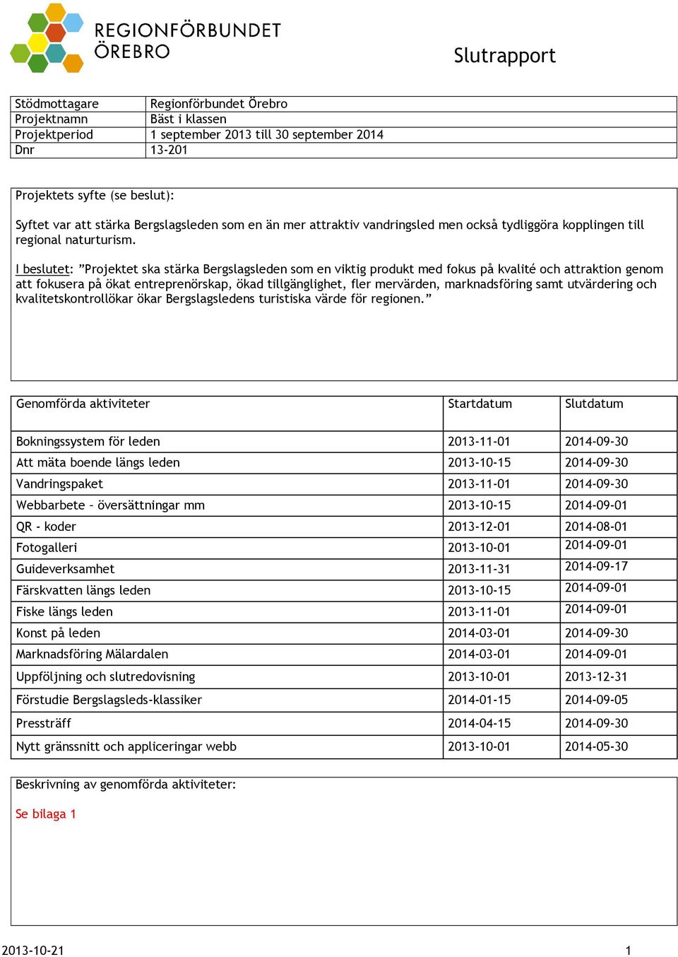 I beslutet: Projektet ska stärka Bergslagsleden som en viktig produkt med fokus på kvalité och attraktion genom att fokusera på ökat entreprenörskap, ökad tillgänglighet, fler mervärden,