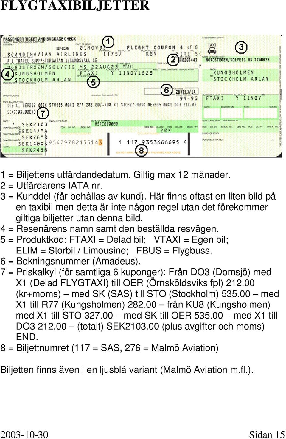 5 = Produktkod: FTAXI = Delad bil; VTAXI = Egen bil; ELIM = Storbil / Limousine; FBUS = Flygbuss. 6 = Bokningsnummer (Amadeus).