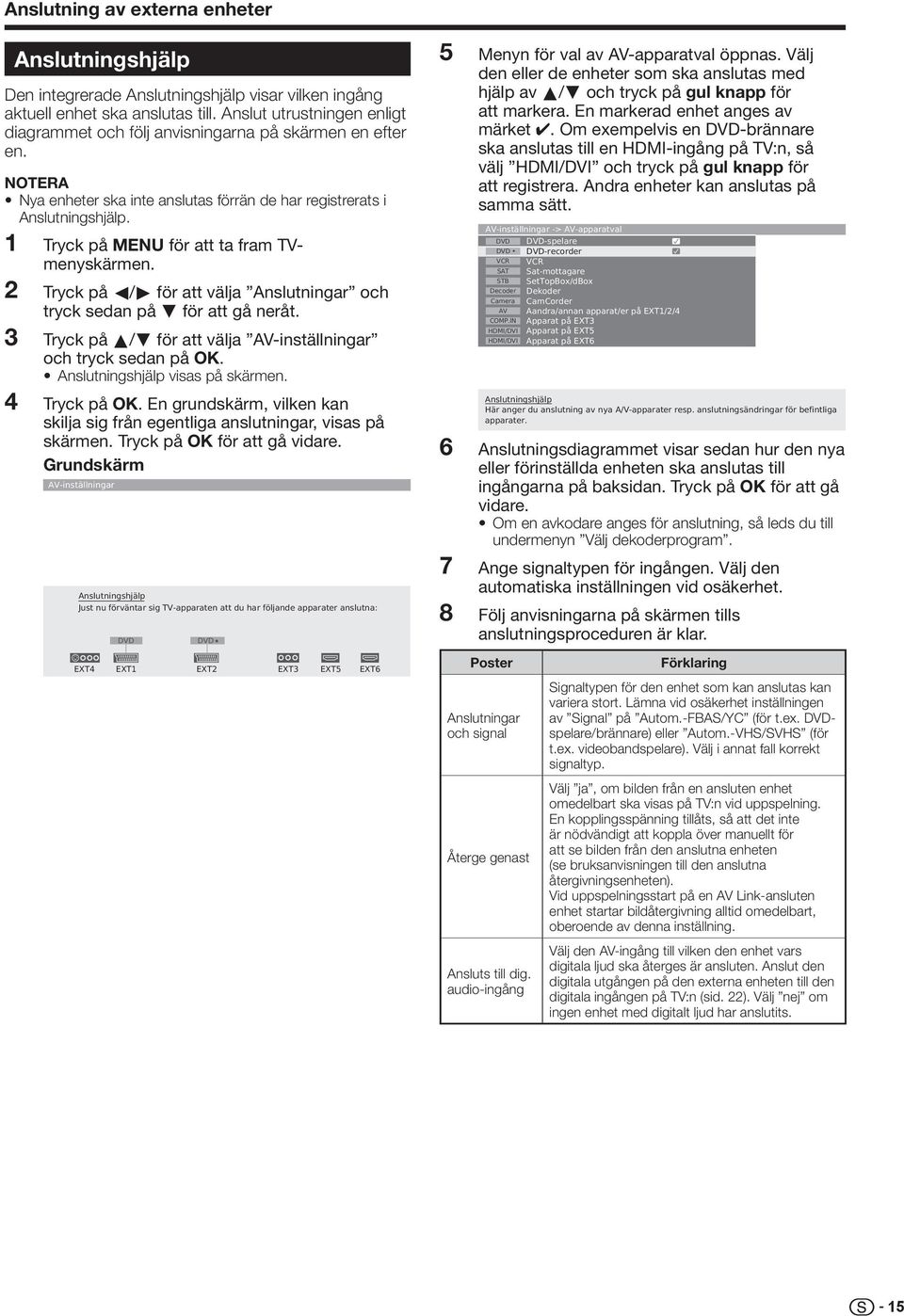 4 Tryck på MENU för att ta fram TVmenyskärmen. Tryck på c/d för att välja Anslutningar och tryck sedan på b för att gå neråt. Tryck på a/b för att välja AV-inställningar och tryck sedan på OK.