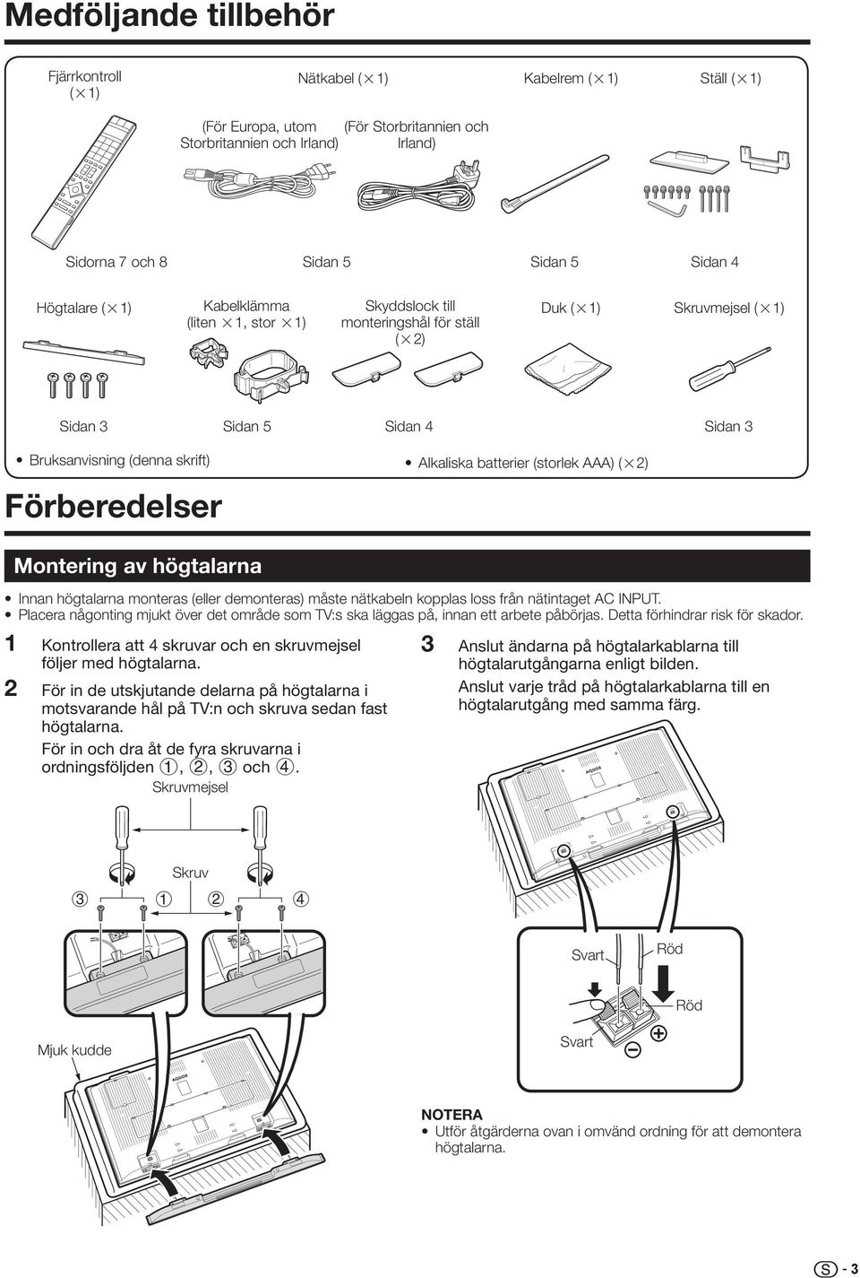 batterier (storlek AAA) (g) Montering av högtalarna Innan högtalarna monteras (eller demonteras) måste nätkabeln kopplas loss från nätintaget AC INPUT.