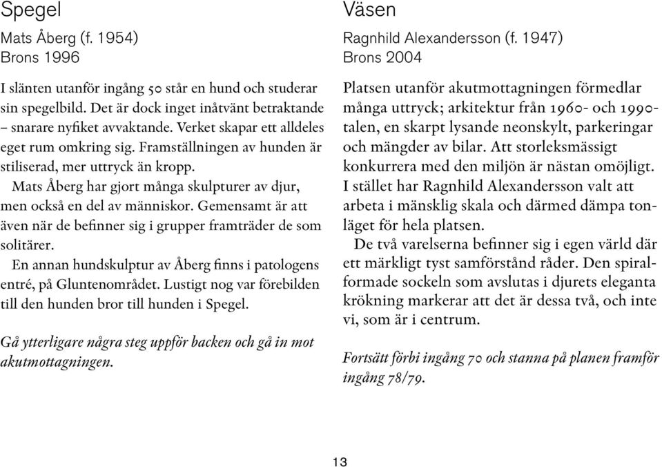 Gemensamt är att även när de befinner sig i grupper framträder de som solitärer. En annan hundskulptur av Åberg finns i patologens entré, på Gluntenområdet.