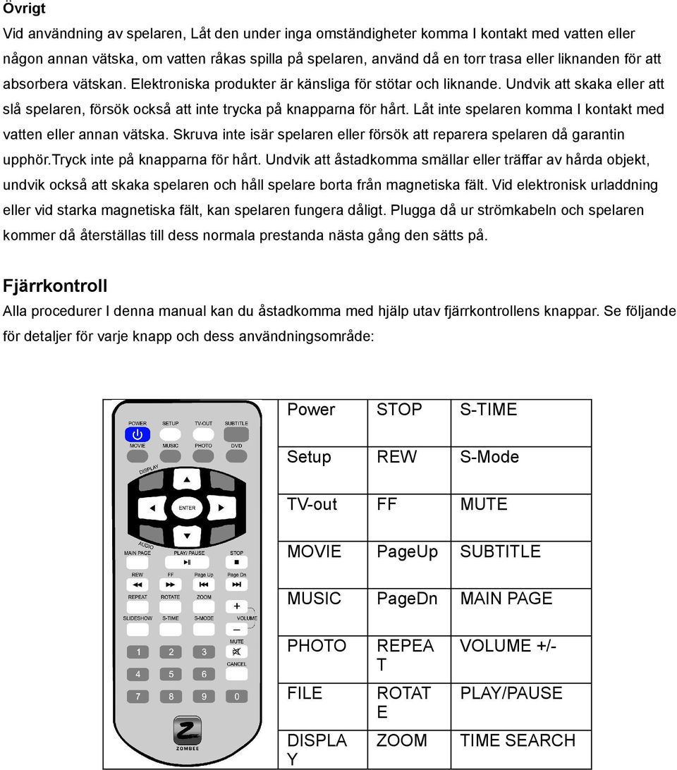 Låt inte spelaren komma I kontakt med vatten eller annan vätska. Skruva inte isär spelaren eller försök att reparera spelaren då garantin upphör.tryck inte på knapparna för hårt.