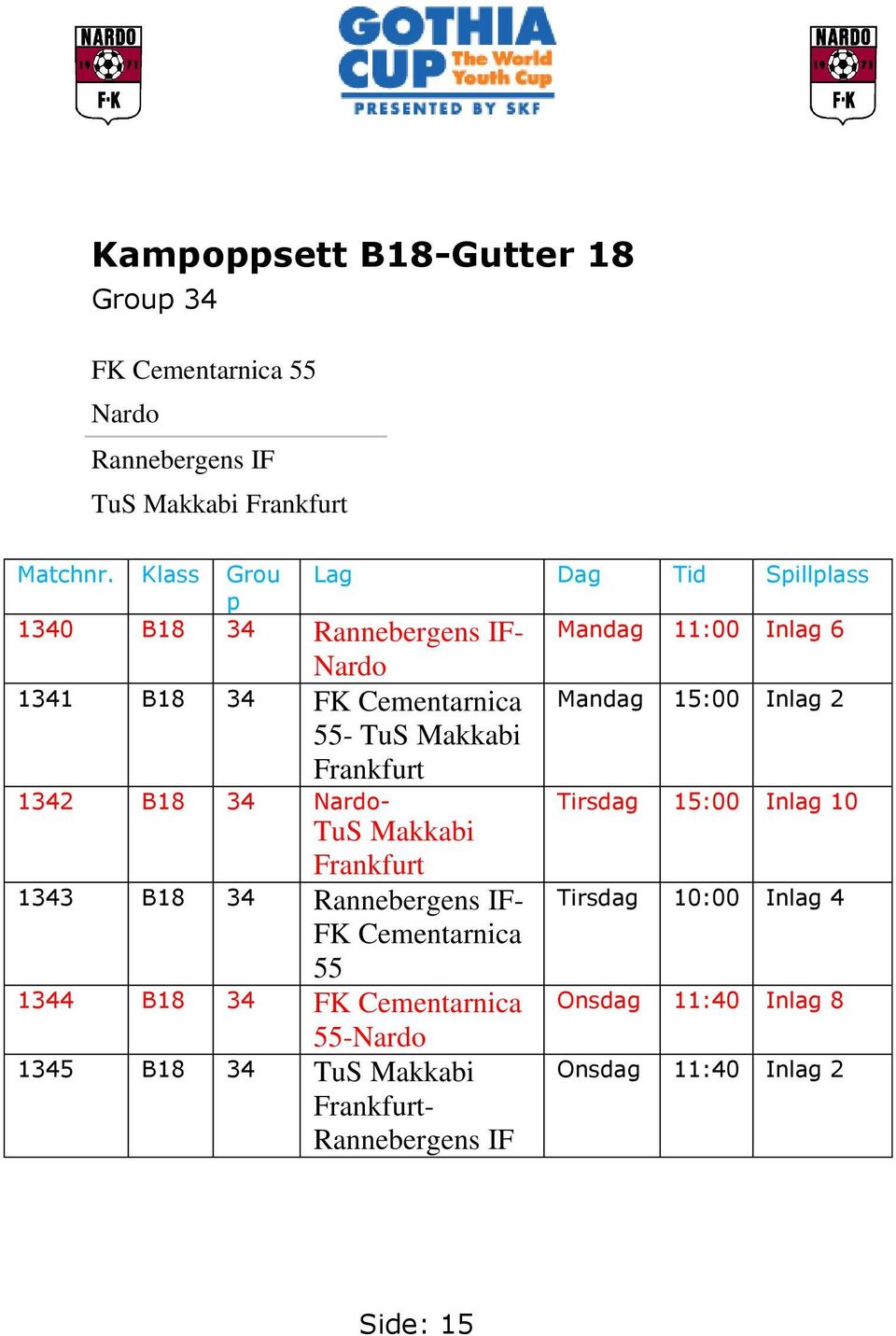 Frankfurt 1343 B18 34 Rannebergens IF- FK Cementarnica 55 1344 B18 34 FK Cementarnica 55-Nardo 1345 B18 34 TuS Makkabi Frankfurt-