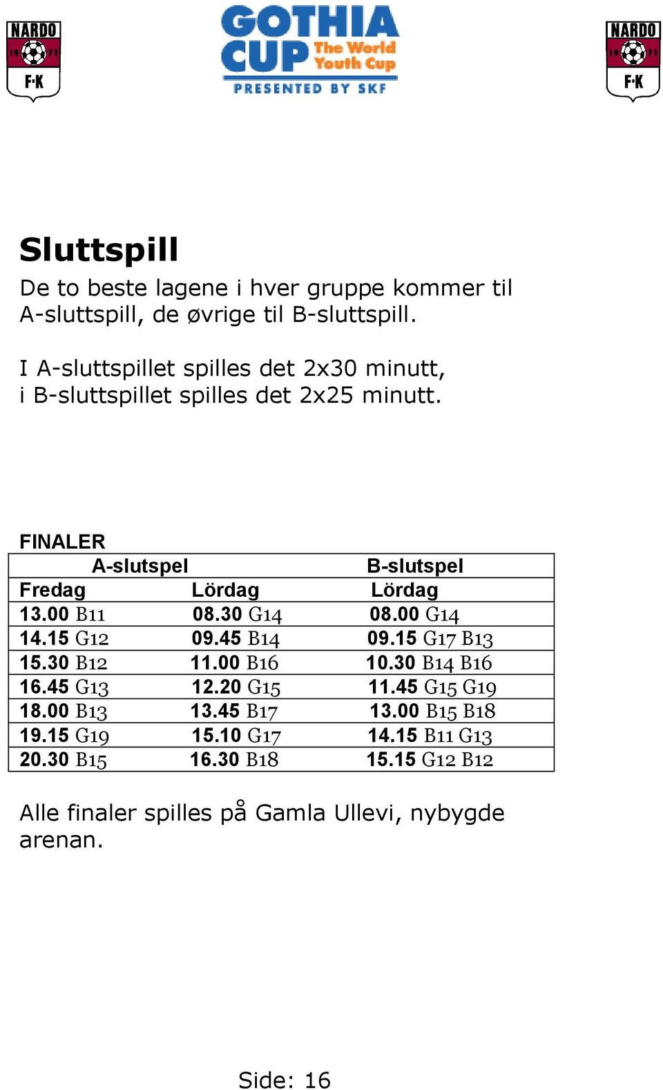 FINALER A-slutspel B-slutspel Fredag Lördag Lördag 13.00 B11 08.30 G14 08.00 G14 14.15 G12 09.45 B14 09.15 G17 B13 15.30 B12 11.