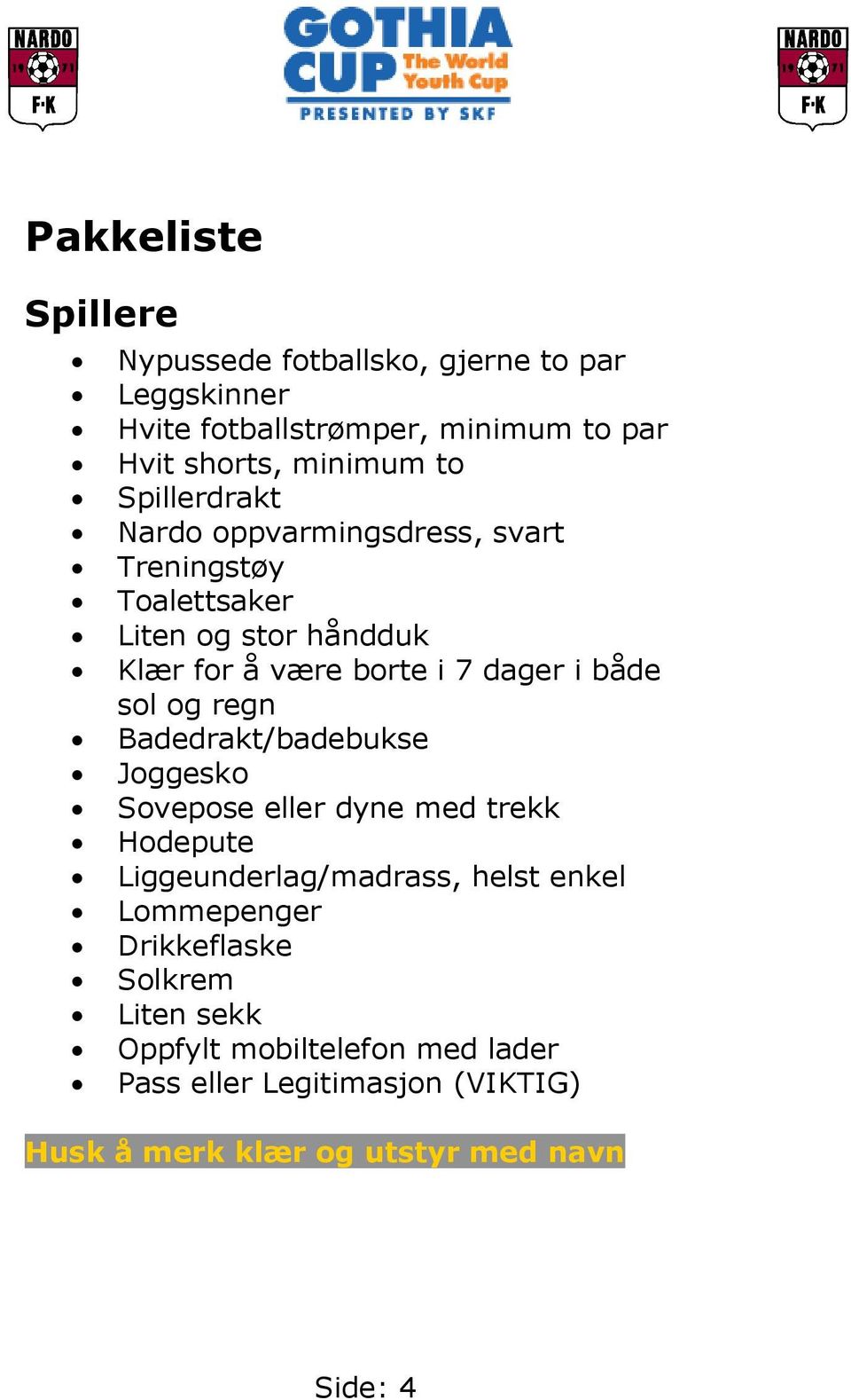 sol og regn Badedrakt/badebukse Joggesko Sovepose eller dyne med trekk Hodepute Liggeunderlag/madrass, helst enkel Lommepenger