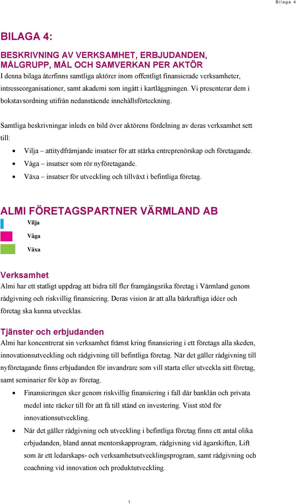 Samtliga beskrivningar inleds en bild över aktörens fördelning av deras verksamhet sett till: attitydfrämjande insatser för att stärka entreprenörskap och företagande. insatser som rör nyföretagande.