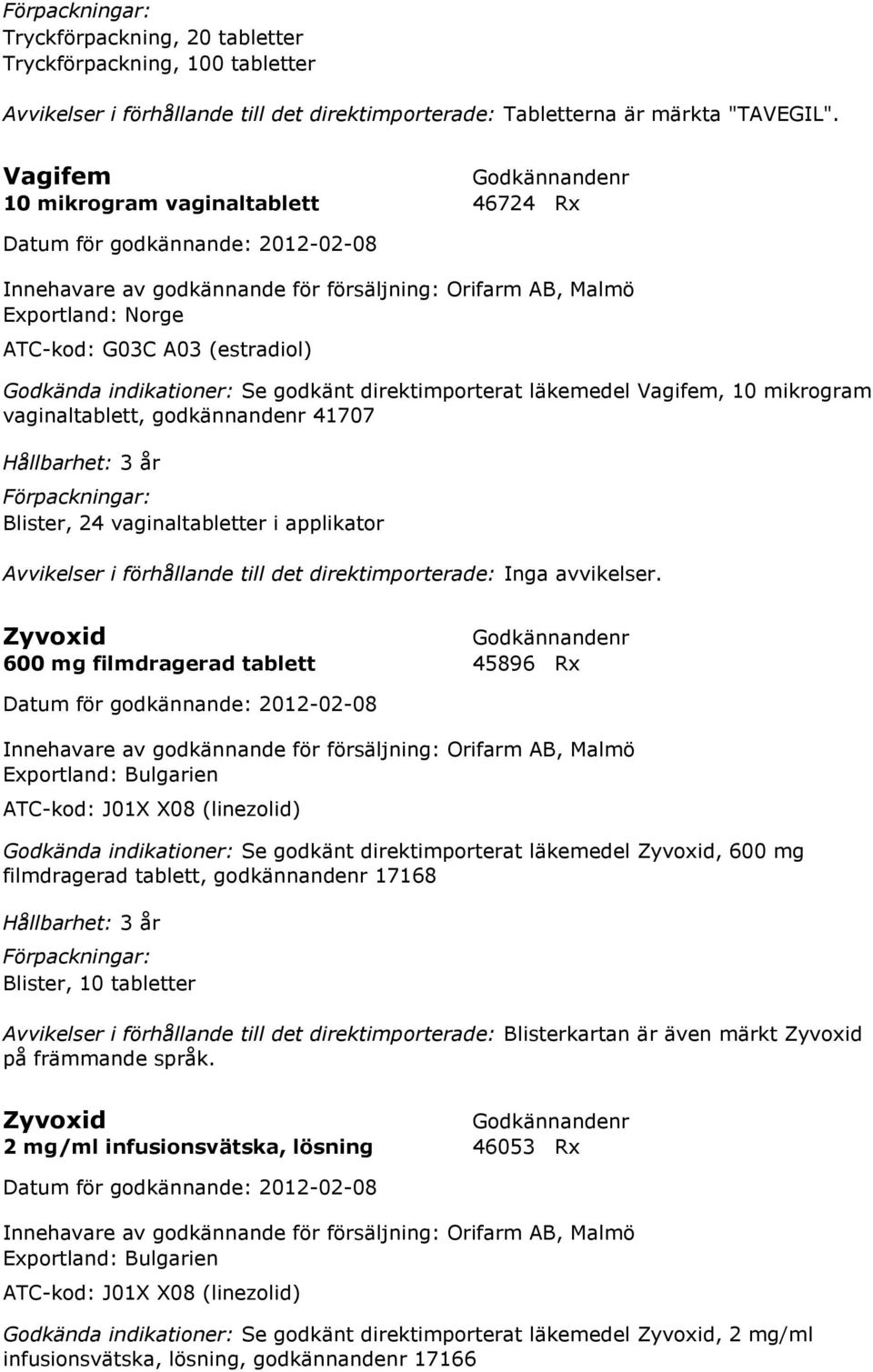 direktimporterat läkemedel Vagifem, 10 mikrogram vaginaltablett, godkännandenr 41707 Blister, 24 vaginaltabletter i applikator Zyvoxid 600 mg filmdragerad tablett 45896 Rx Innehavare av godkännande