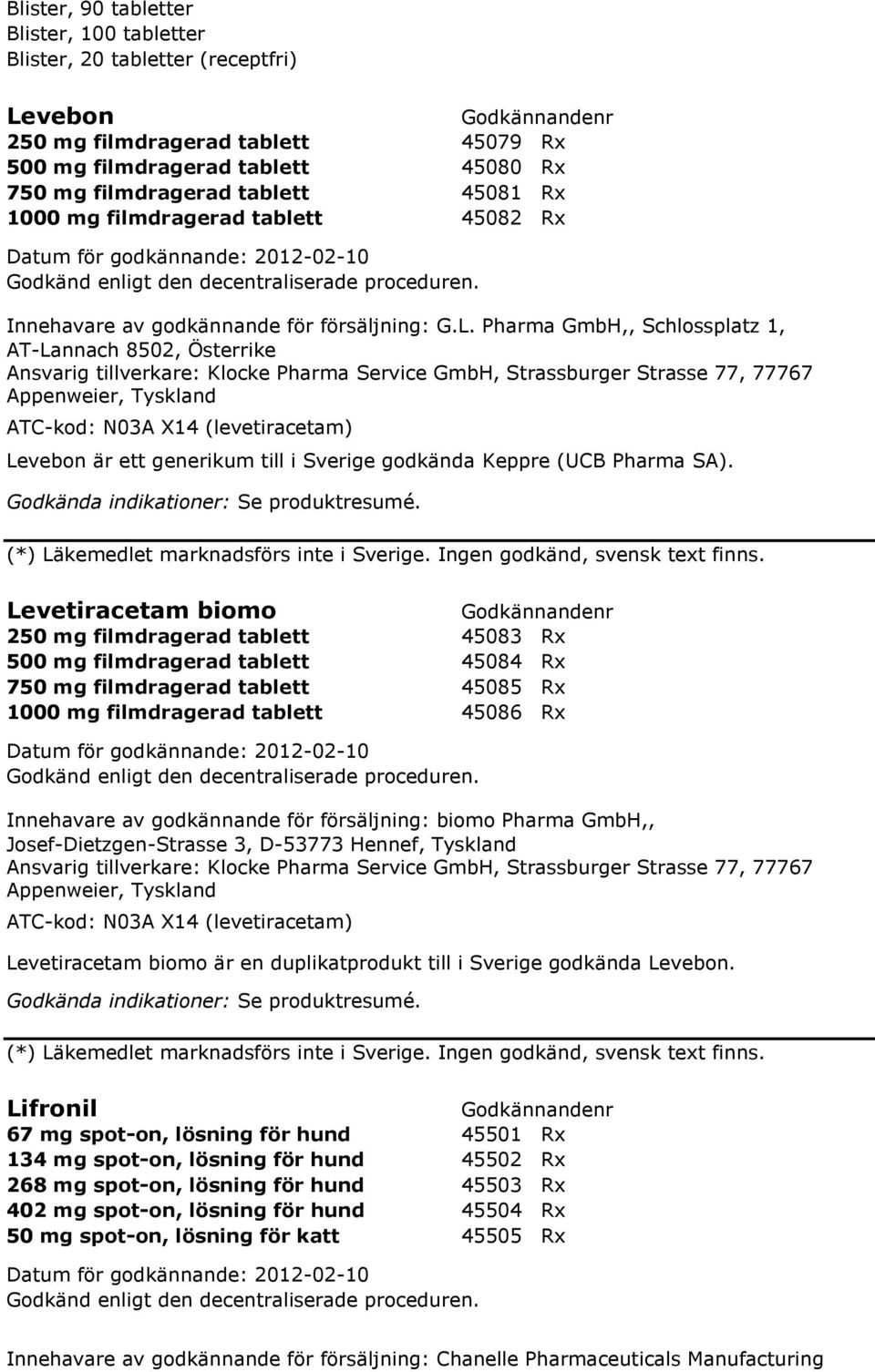 Pharma GmbH,, Schlossplatz 1, AT-Lannach 8502, Österrike Ansvarig tillverkare: Klocke Pharma Service GmbH, Strassburger Strasse 77, 77767 Appenweier, Tyskland ATC-kod: N03A X14 (levetiracetam)