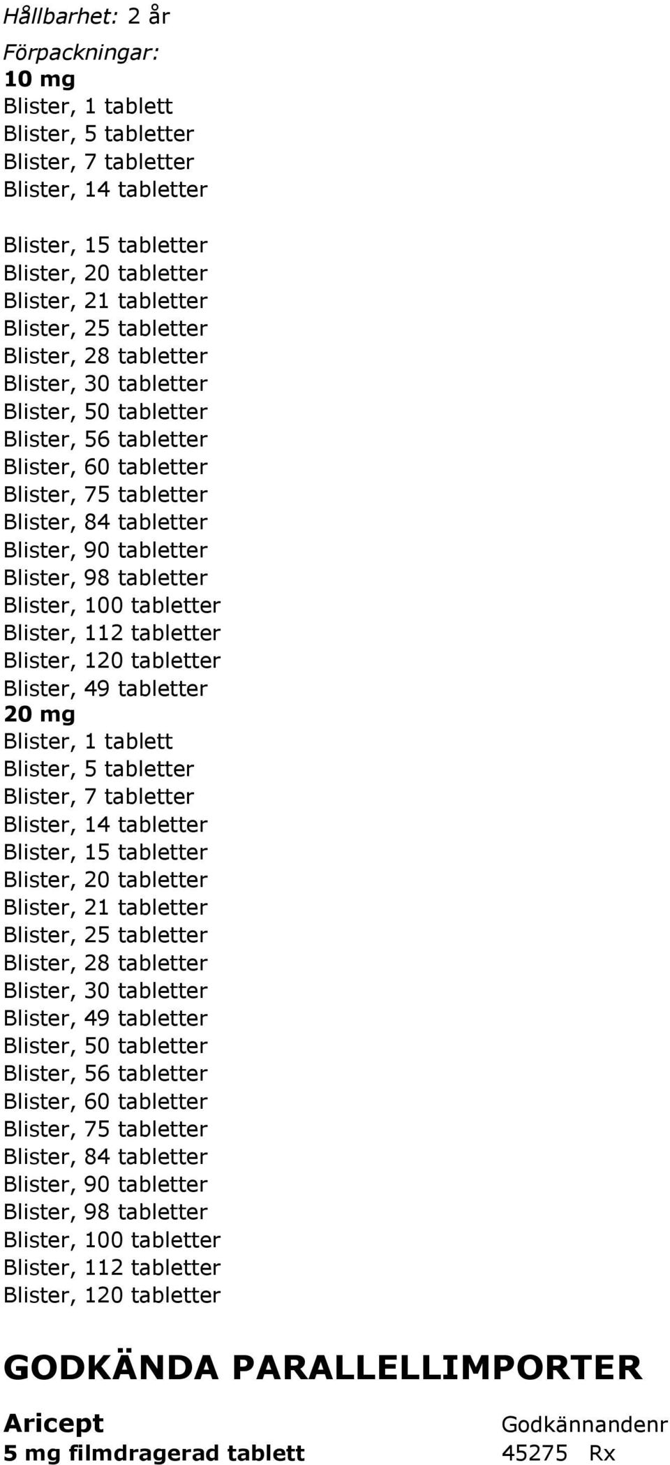 Blister, 100 tabletter Blister, 112 tabletter Blister, 120 tabletter Blister, 49 tabletter 20 mg Blister, 1 tablett Blister, 5 tabletter Blister, 7 tabletter Blister, 14 tabletter Blister, 15