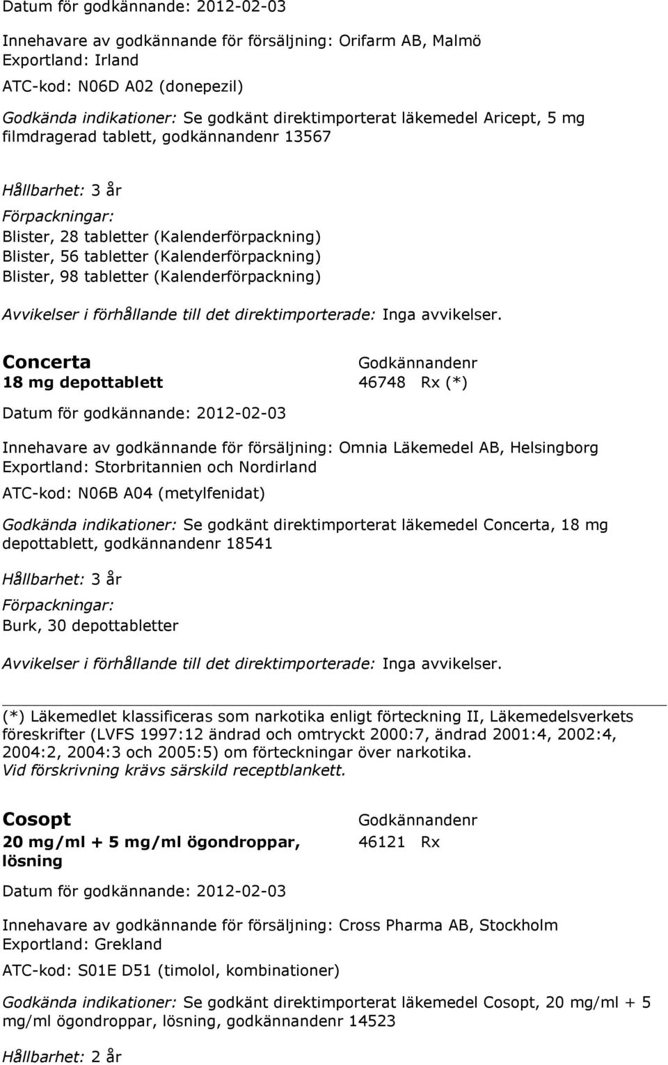 Concerta 18 mg depottablett 46748 Rx (*) Datum för godkännande: 2012-02-03 Innehavare av godkännande för försäljning: Omnia Läkemedel AB, Helsingborg Exportland: Storbritannien och Nordirland