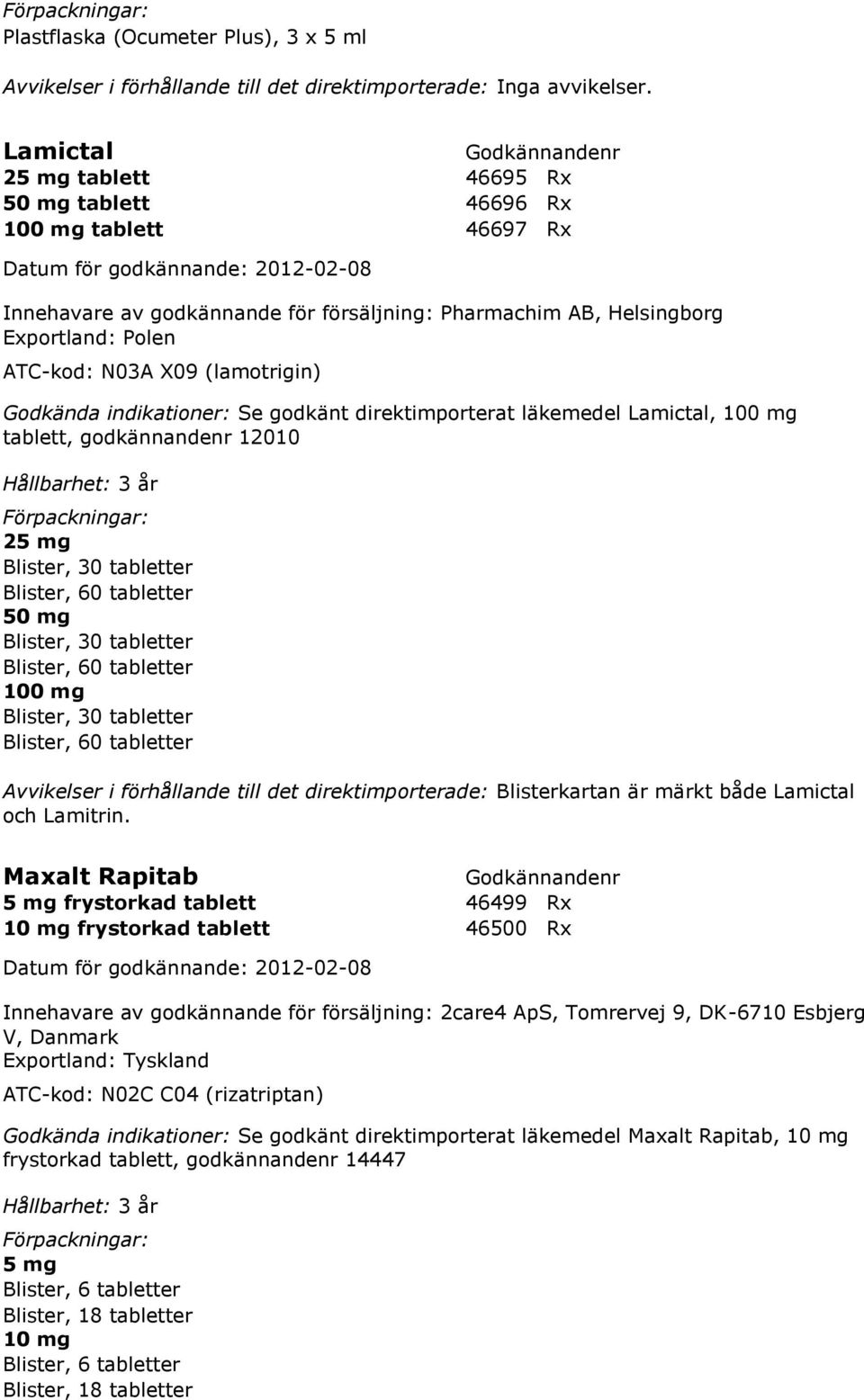 Blister, 30 tabletter Blister, 60 tabletter 100 mg Blister, 30 tabletter Blister, 60 tabletter Avvikelser i förhållande till det direktimporterade: Blisterkartan är märkt både Lamictal och Lamitrin.