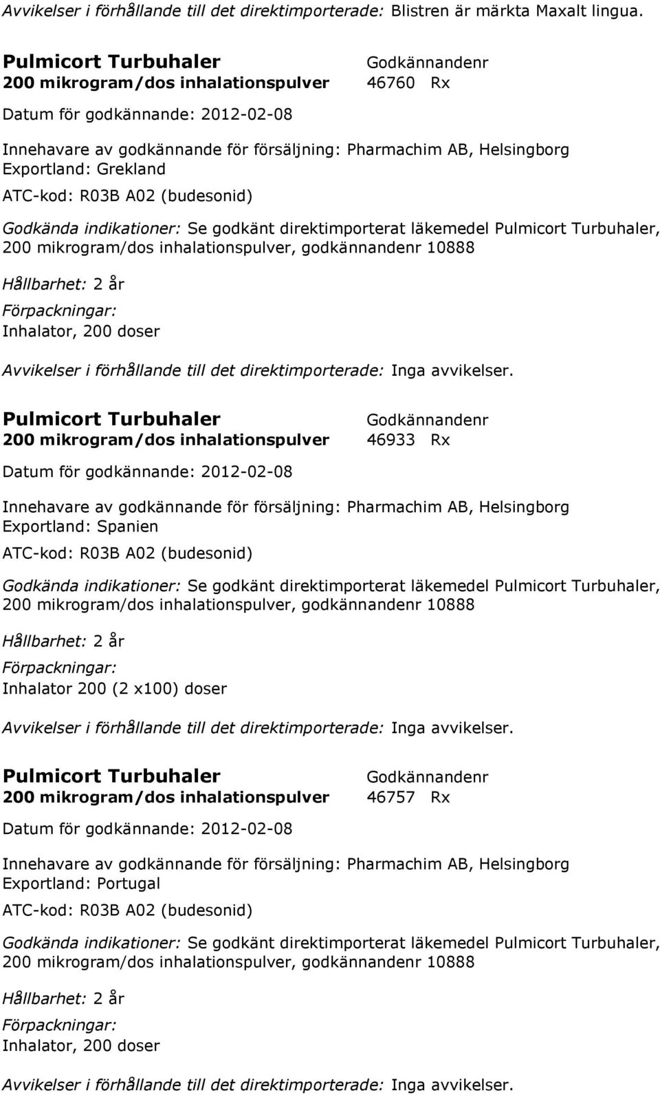 indikationer: Se godkänt direktimporterat läkemedel Pulmicort Turbuhaler, 200 mikrogram/dos inhalationspulver, godkännandenr 10888 Hållbarhet: 2 år Inhalator, 200 doser Pulmicort Turbuhaler 200