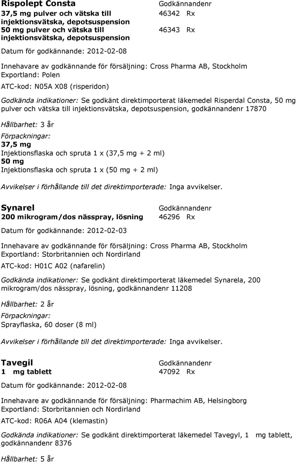 injektionsvätska, depotsuspension, godkännandenr 17870 37,5 mg Injektionsflaska och spruta 1 x (37,5 mg + 2 ml) 50 mg Injektionsflaska och spruta 1 x (50 mg + 2 ml) Synarel 200 mikrogram/dos