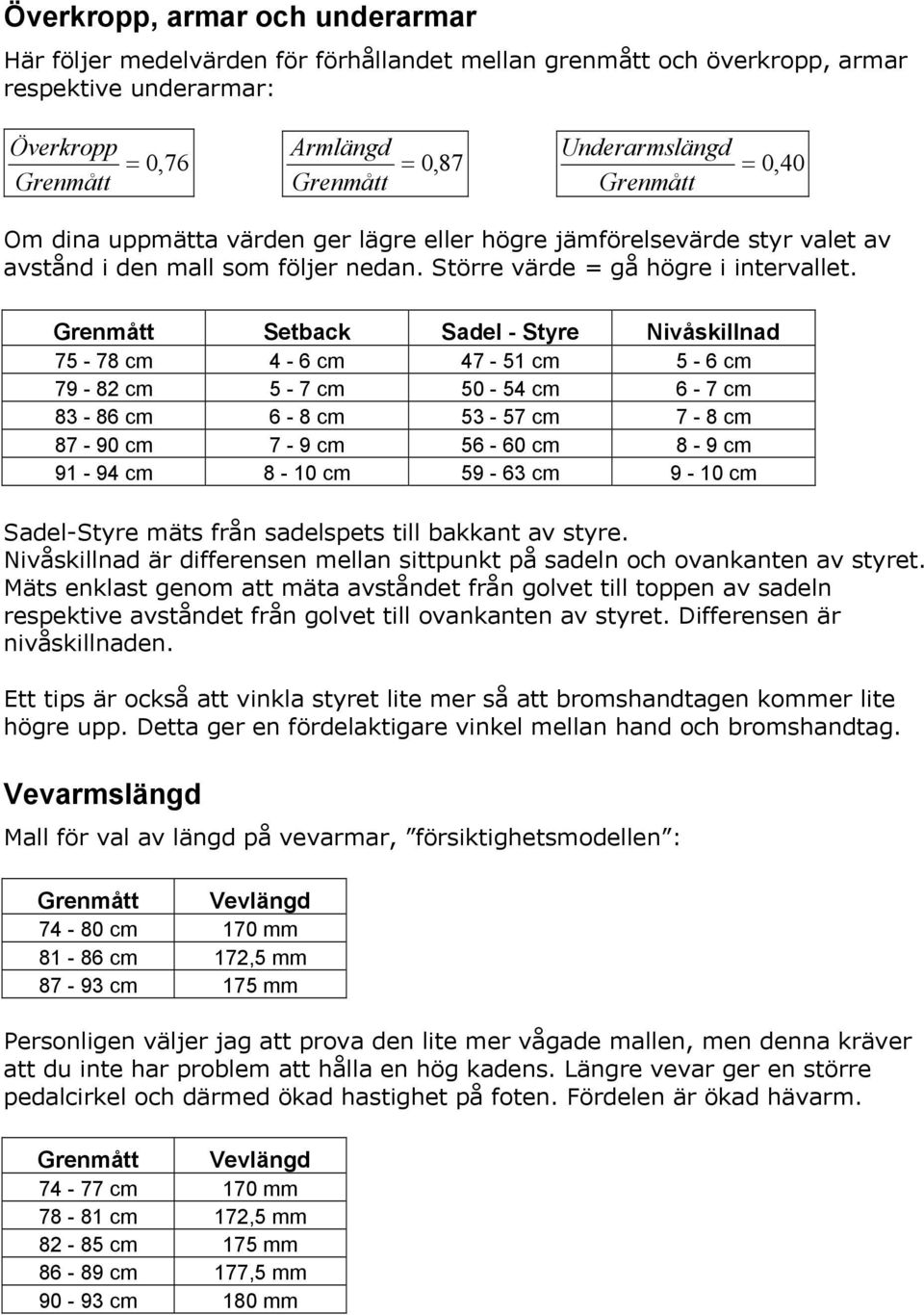 Setback Sadel - Styre Nivåskillnad 75-78 cm 4-6 cm 47-51 cm 5-6 cm 79-82 cm 5-7 cm 50-54 cm 6-7 cm 83-86 cm 6-8 cm 53-57 cm 7-8 cm 87-90 cm 7-9 cm 56-60 cm 8-9 cm 91-94 cm 8-10 cm 59-63 cm 9-10 cm