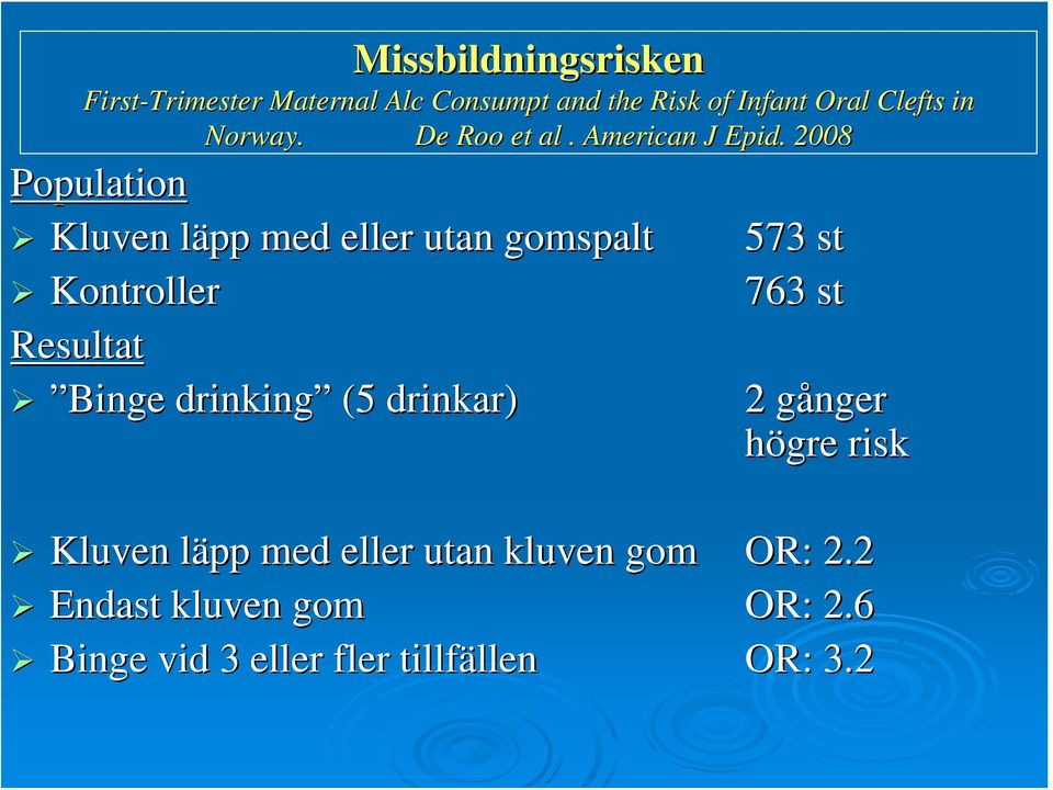 . 2008 Population Kluven läpp l med eller utan gomspalt 573 st Kontroller 763 st Resultat Binge