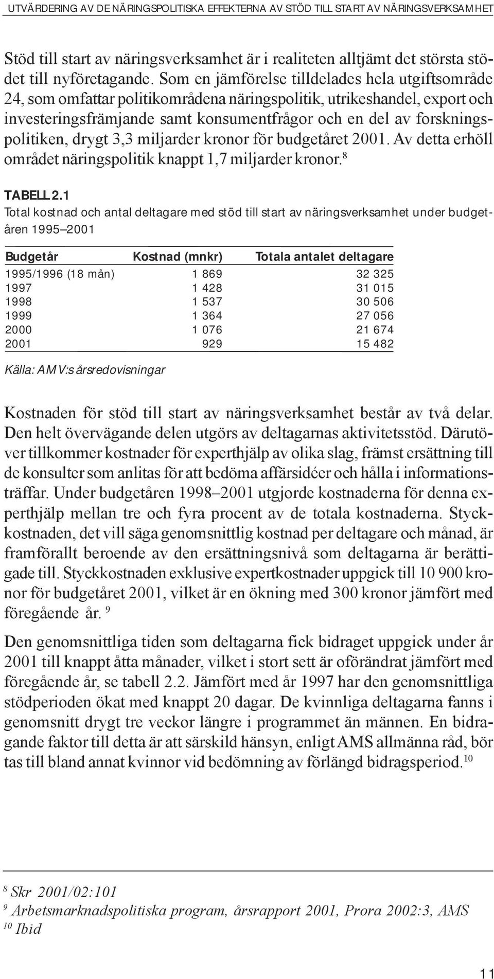 forskningspolitiken, drygt 3,3 miljarder kronor för budgetåret 2001. Av detta erhöll området näringspolitik knappt 1,7 miljarder kronor. 8 TABELL 2.