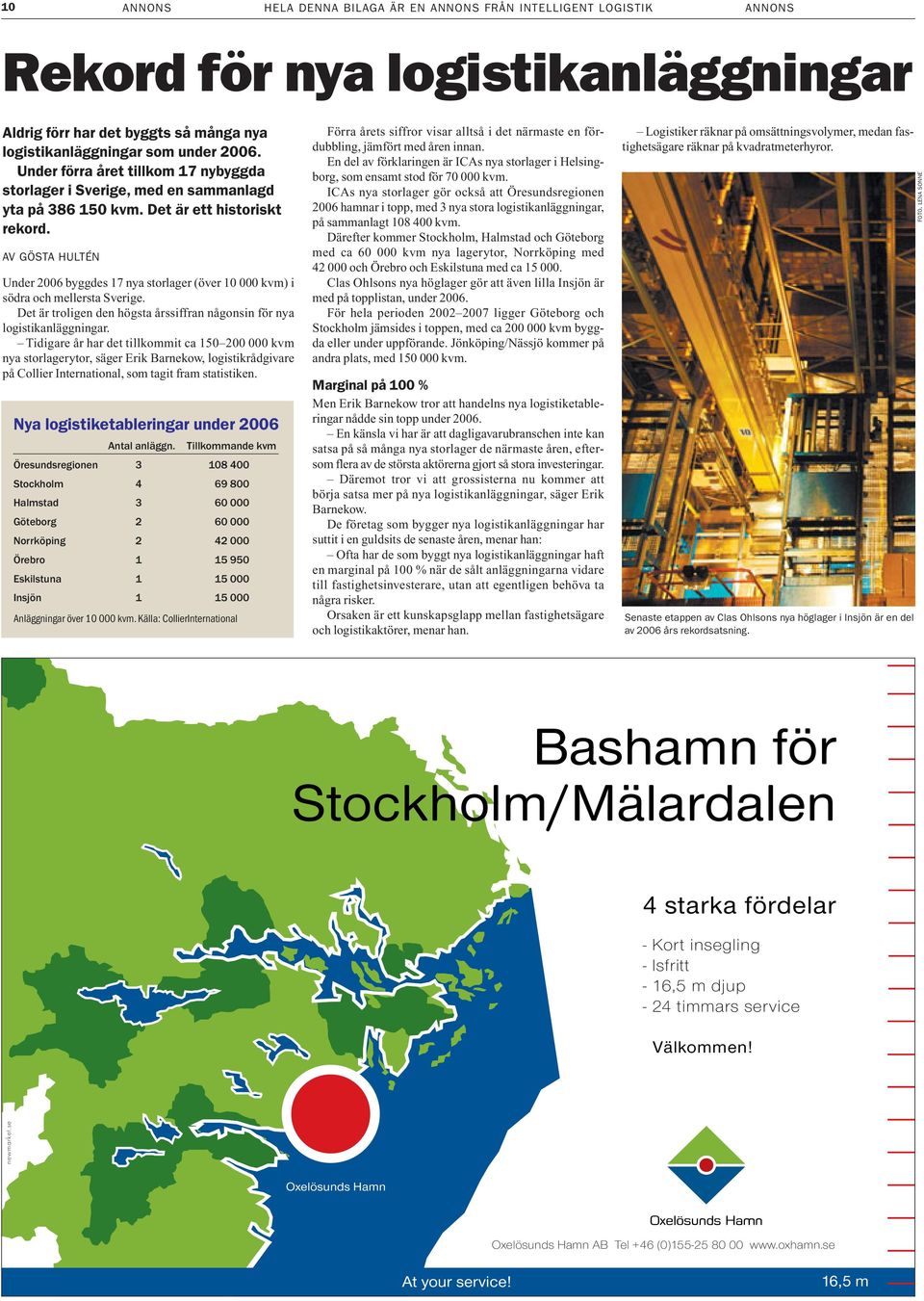 AV GÖSTA HULTÉN Under 2006 byggdes 17 nya storlager (över 10 000 kvm) i södra och mellersta Sverige. Det är troligen den högsta årssiffran någonsin för nya logistikanläggningar.