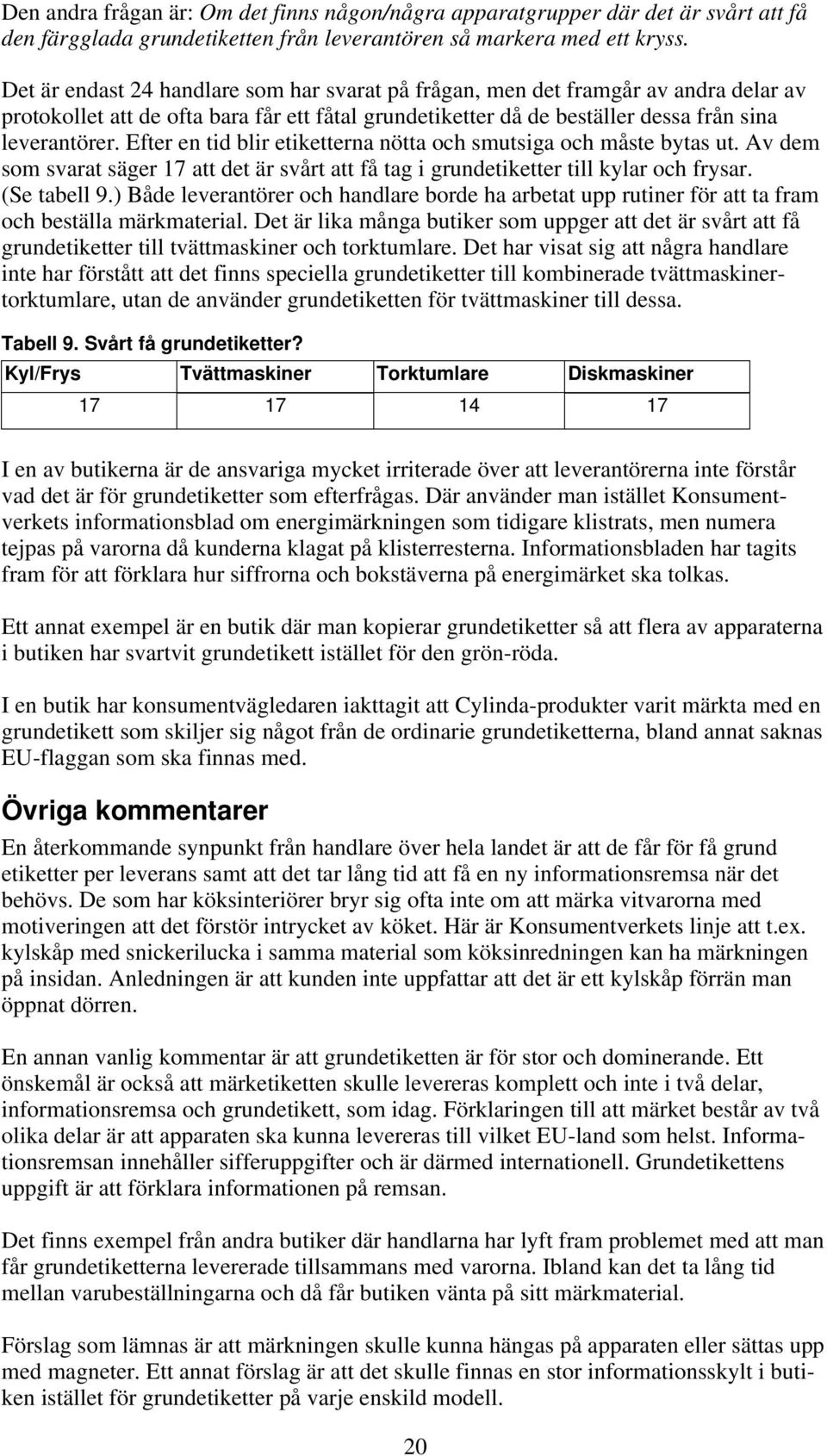 Efter en tid blir etiketterna nötta och smutsiga och måste bytas ut. Av dem som svarat säger 17 att det är svårt att få tag i grundetiketter till kylar och frysar. (Se tabell 9.