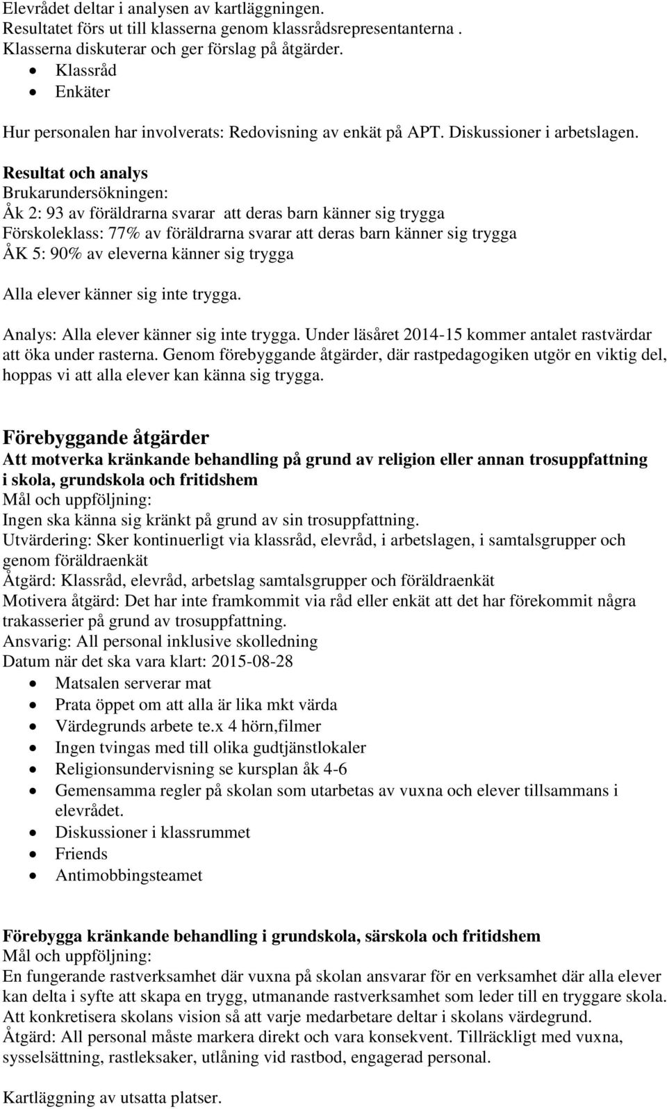 Resultat och analys Brukarundersökningen: Åk 2: 93 av föräldrarna svarar att deras barn känner sig trygga Förskoleklass: 77% av föräldrarna svarar att deras barn känner sig trygga ÅK 5: 90% av