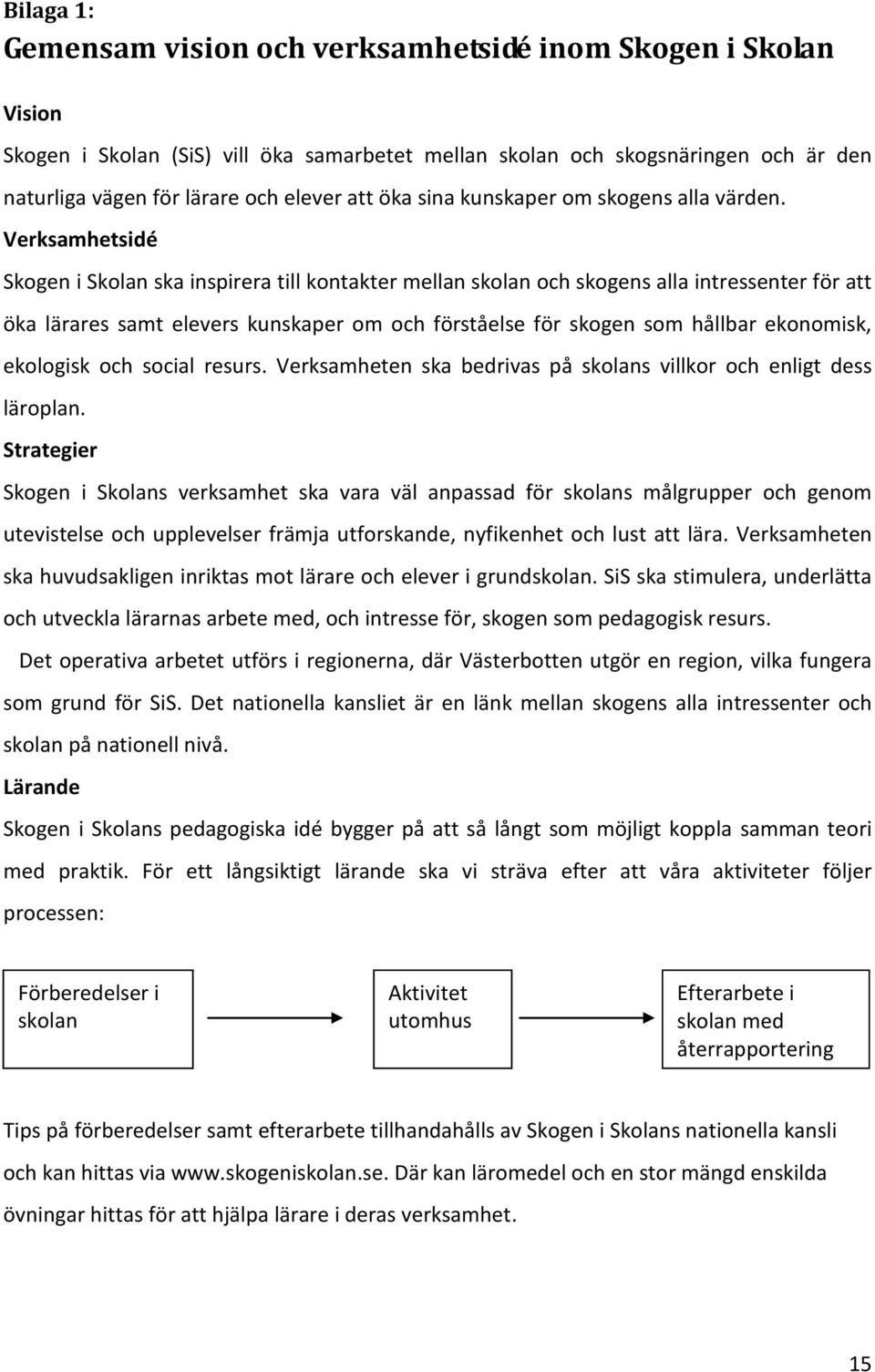 Verksamhetsidé Skogen i Skolan ska inspirera till kontakter mellan skolan och skogens alla intressenter för att öka lärares samt elevers kunskaper om och förståelse för skogen som hållbar ekonomisk,