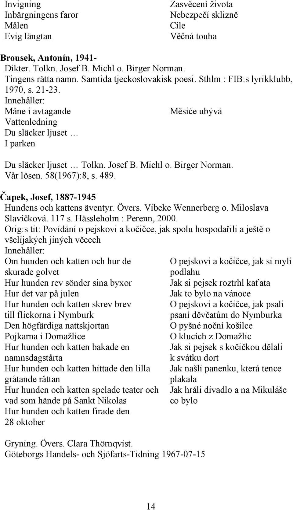 Birger Norman. Vår lösen. 58(1967):8, s. 489. Čapek, Josef, 1887-1945 Hundens och kattens äventyr. Övers. Vibeke Wennerberg o. Miloslava Slavíčková. 117 s. Hässleholm : Perenn, 2000.