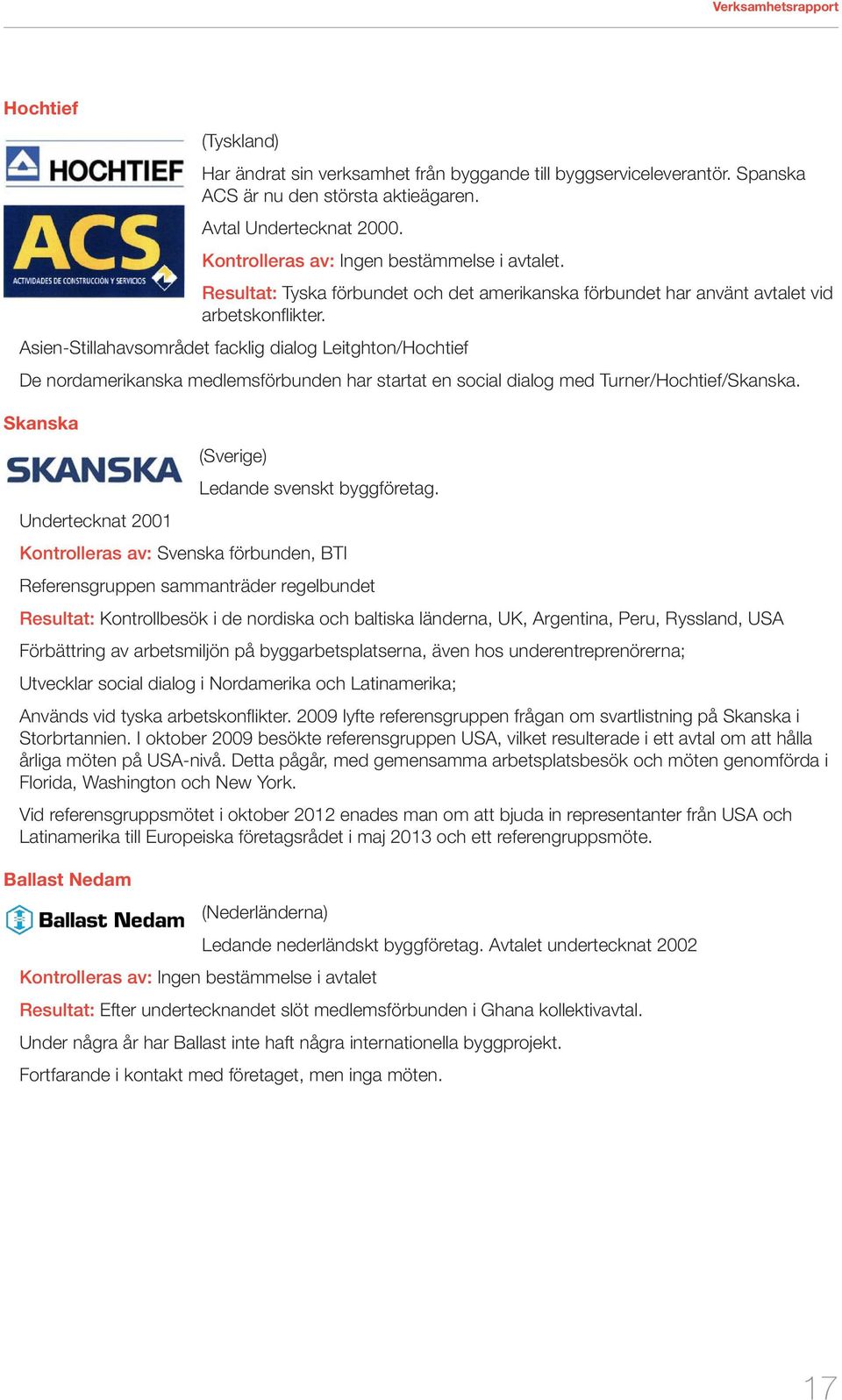 Asien-Stillahavsområdet facklig dialog Leitghton/Hochtief De nordamerikanska medlemsförbunden har startat en social dialog med Turner/Hochtief/Skanska. Skanska (Sverige) Ledande svenskt byggföretag.