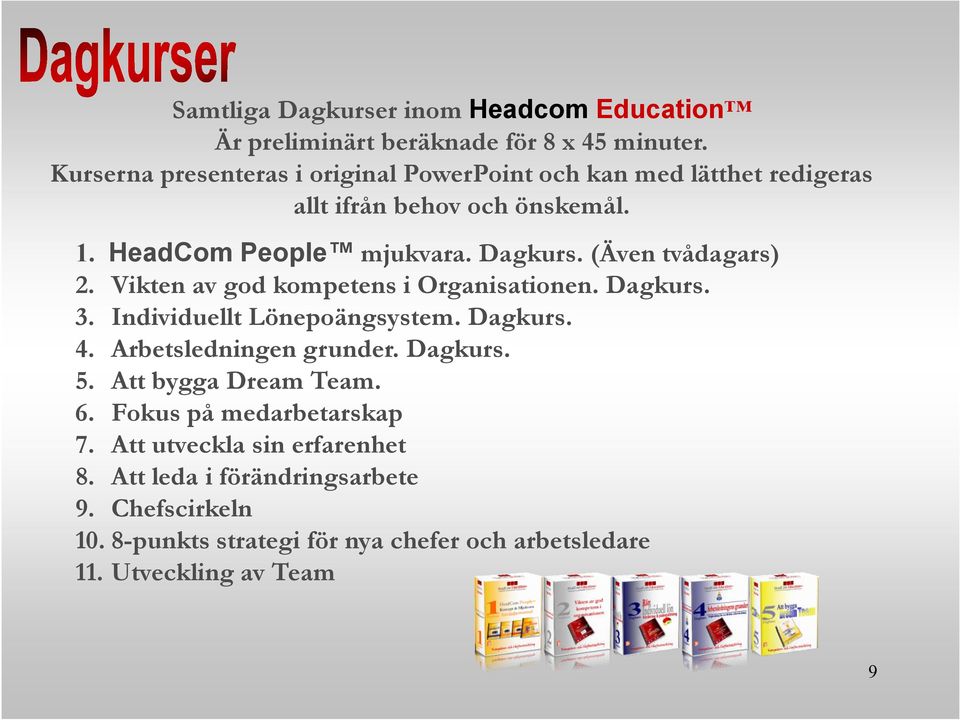 (Även tvådagars) 2. Vikten av god kompetens i Organisationen. Dagkurs. 3. Individuellt Lönepoängsystem. Dagkurs. 4. Arbetsledningen grunder.