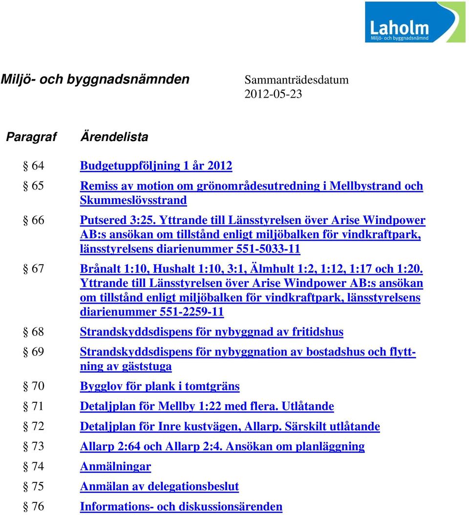 Yttrande till Länsstyrelsen över Arise Windpower AB:s ansökan om tillstånd enligt miljöbalken för vindkraftpark, länsstyrelsens diarienummer 551-5033-11 67 Brånalt 1:10, Hushalt 1:10, 3:1, Älmhult