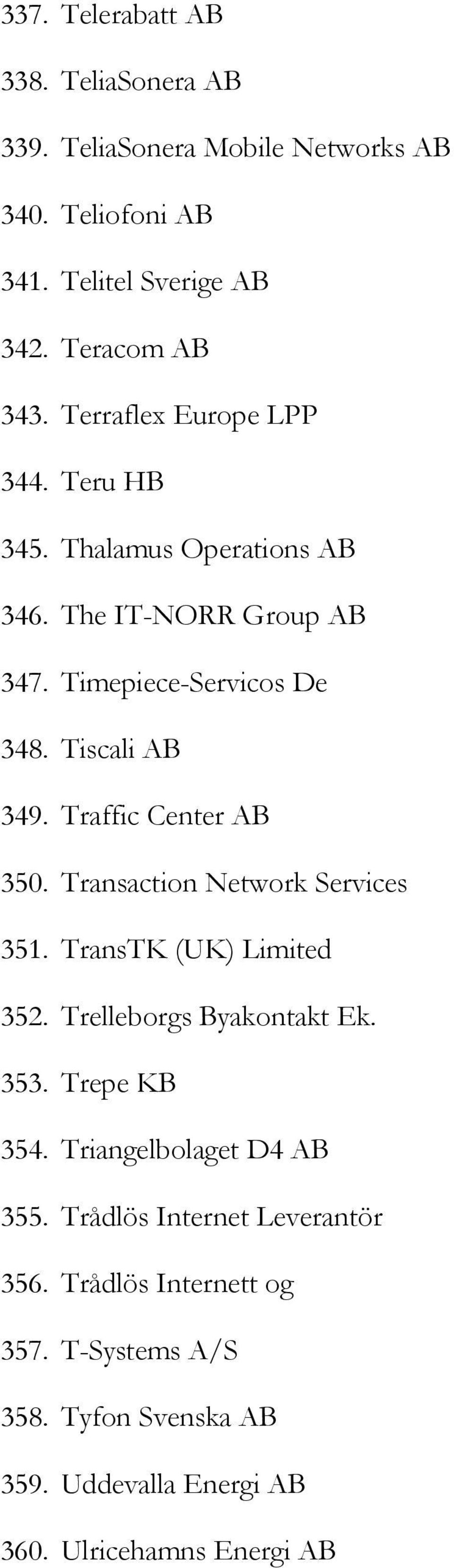 Traffic Center AB 350. Transaction Network Services 351. TransTK (UK) Limited 352. Trelleborgs Byakontakt Ek. 353. Trepe KB 354.