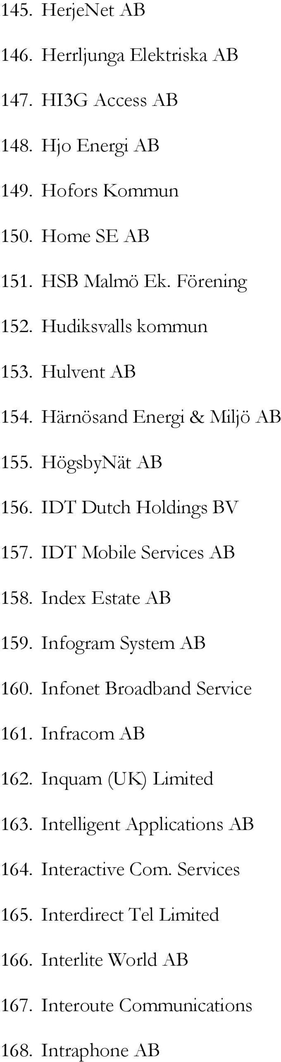 IDT Mobile Services AB 158. Index Estate AB 159. Infogram System AB 160. Infonet Broadband Service 161. Infracom AB 162. Inquam (UK) Limited 163.
