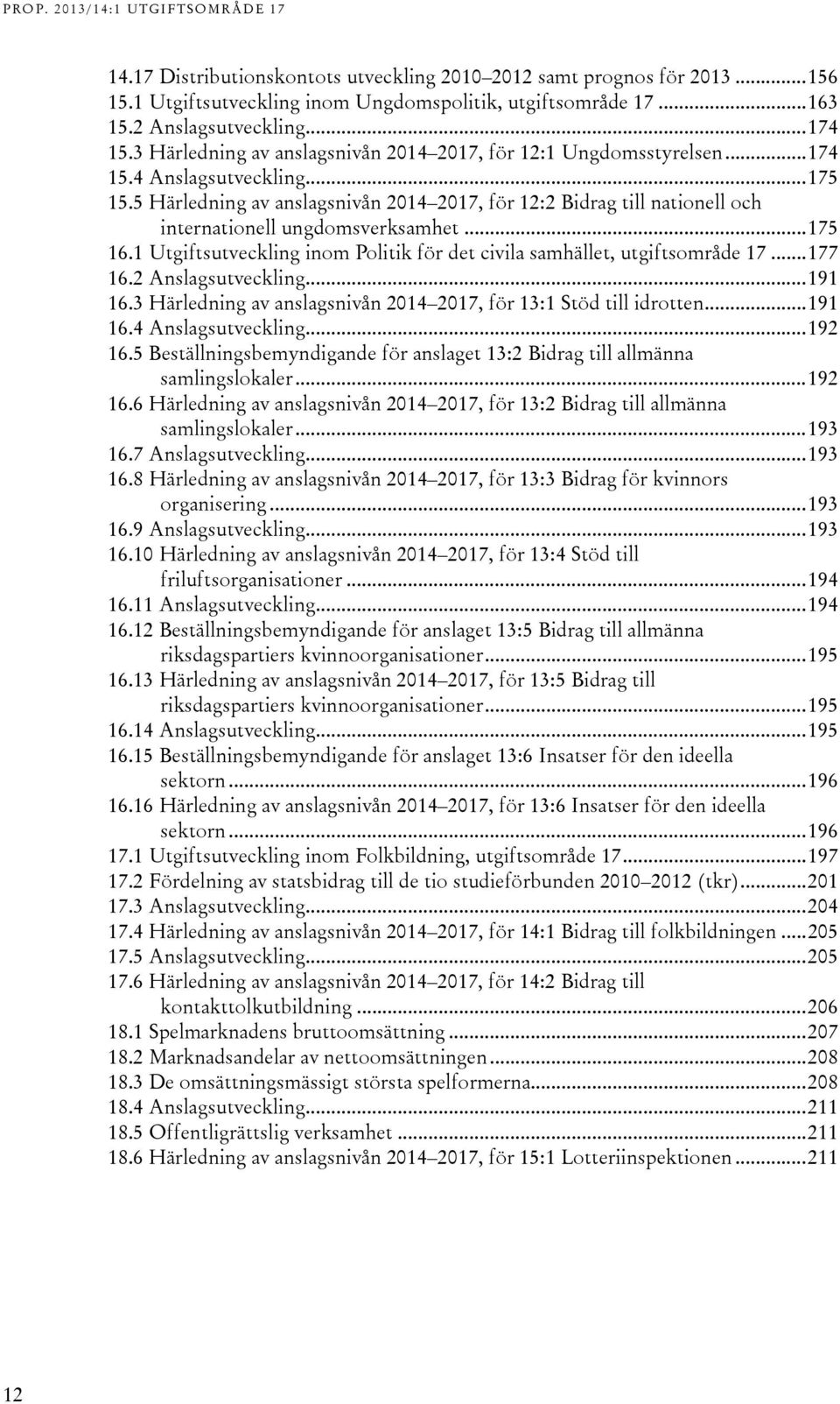 5 Härledning av anslagsnivån 2014X2017, för 12:2 Bidrag till nationell och internationell ungdomsverksamhet... 175 16.1 Utgiftsutveckling inom Politik för det civila samhället, utgiftsområde 17.