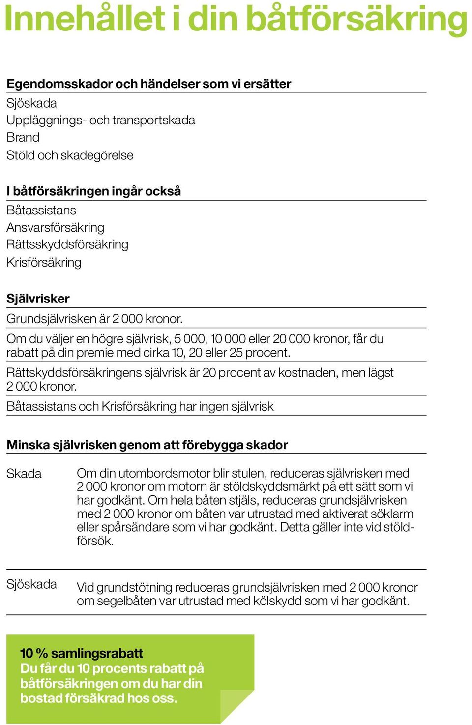 Om du väljer en högre självrisk, 5 000, 10 000 eller 20 000 kronor, får du rabatt på din premie med cirka 10, 20 eller 25 procent.