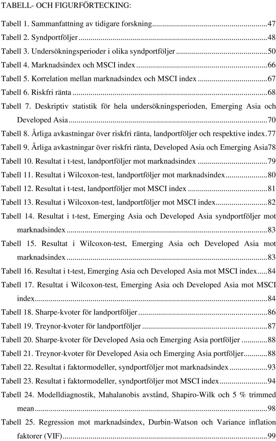 Deskriptiv statistik för hela undersökningsperioden, Emerging Asia och Developed Asia... 70 Tabell 8. Årliga avkastningar över riskfri ränta, landportföljer och respektive index. 77 Tabell 9.