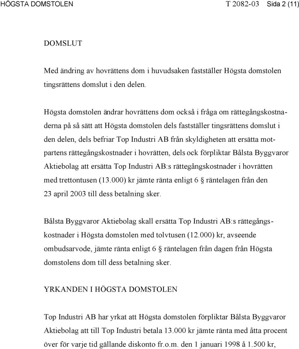 skyldigheten att ersätta motpartens rättegångskostnader i hovrätten, dels ock förpliktar Bålsta Byggvaror Aktiebolag att ersätta Top Industri AB:s rättegångskostnader i hovrätten med trettontusen (13.