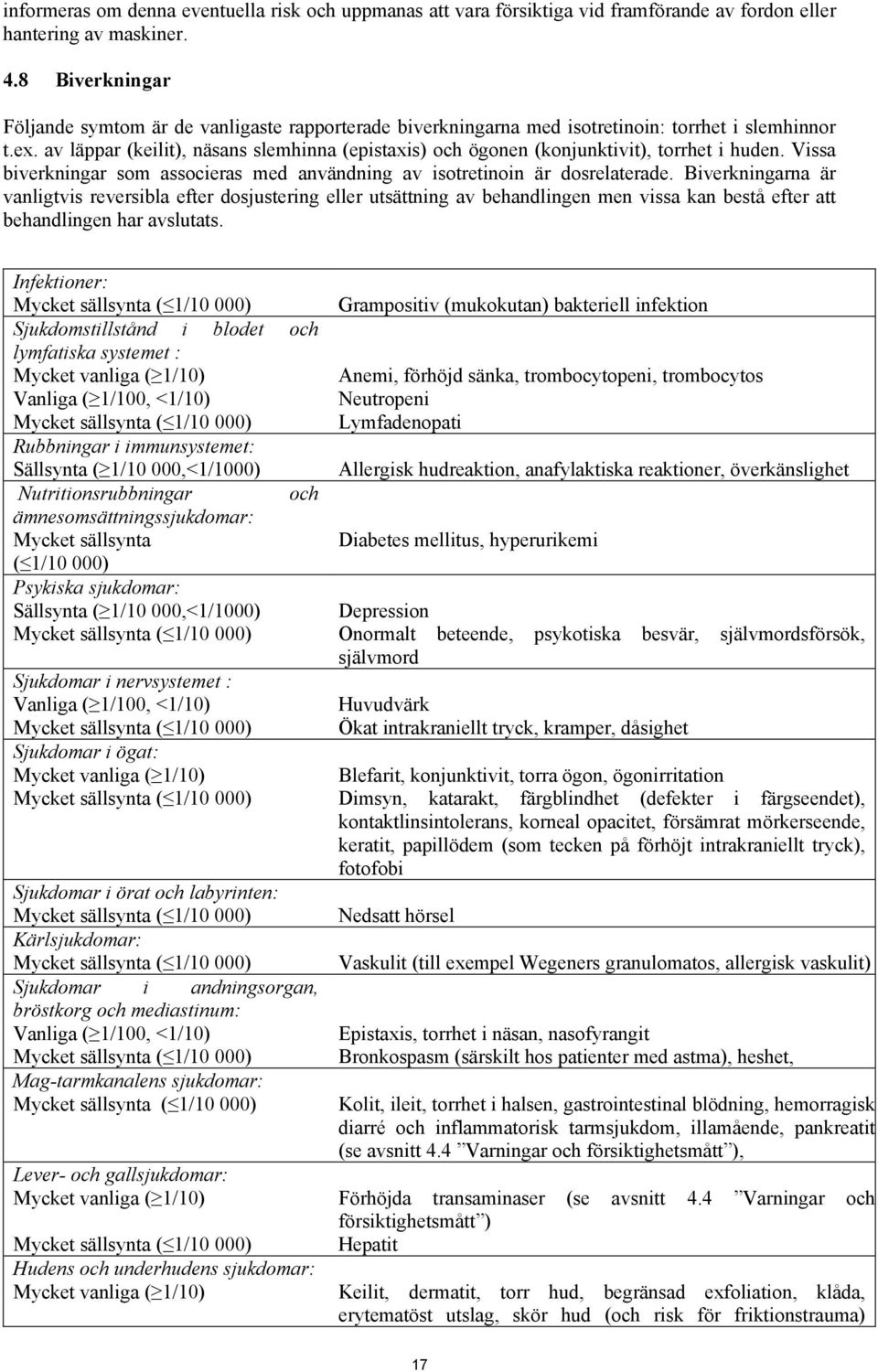 av läppar (keilit), näsans slemhinna (epistaxis) och ögonen (konjunktivit), torrhet i huden. Vissa biverkningar som associeras med användning av isotretinoin är dosrelaterade.