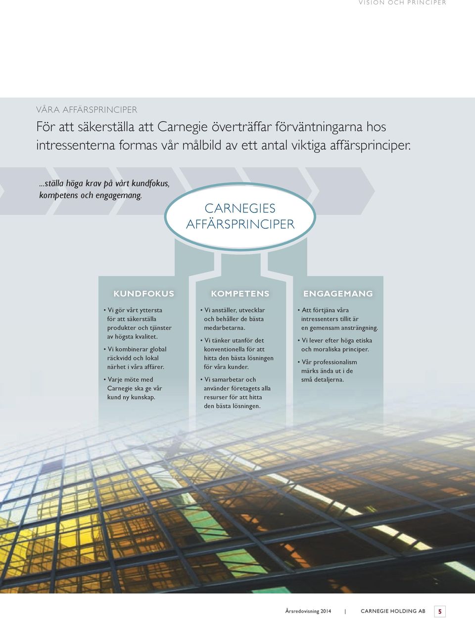 CARNEGIES AFFÄRSPRINCIPER KUNDFOKUS KOMPETENS ENGAGEMANG Vi gör vårt yttersta för att säkerställa produkter och tjänster av högsta kvalitet.