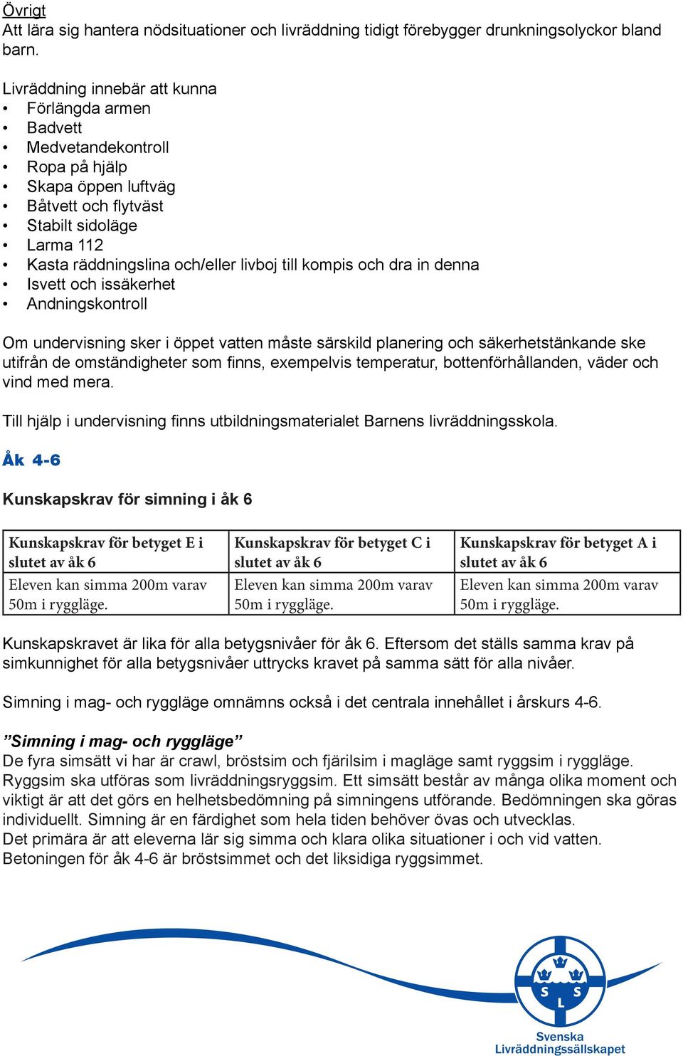 och issäkerhet Andningskontroll Om undervisning sker i öppet vatten måste särskild planering och säkerhetstänkande ske utifrån de omständigheter som finns, exempelvis temperatur, bottenförhållanden,