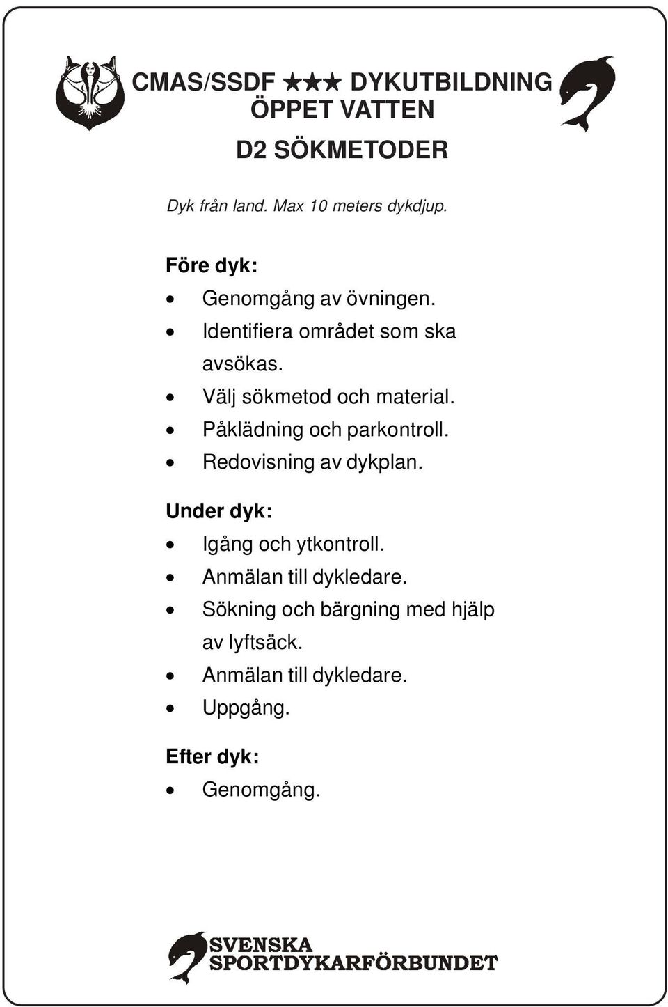 Påklädning och parkontroll. Redovisning av dykplan. Igång och ytkontroll.